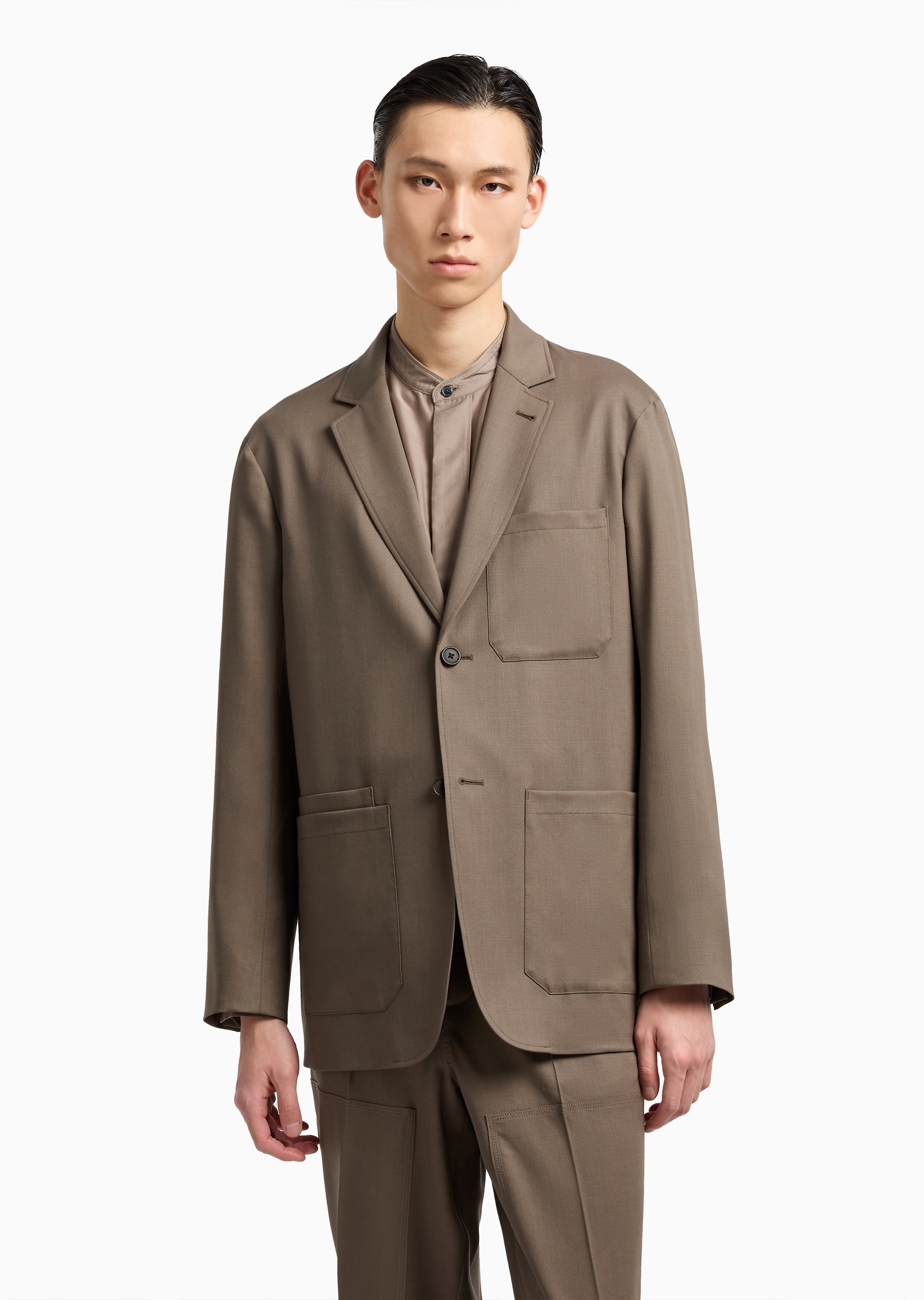 Emporio Armani 男士纯绵羊毛微弹平驳领单排扣西装外套