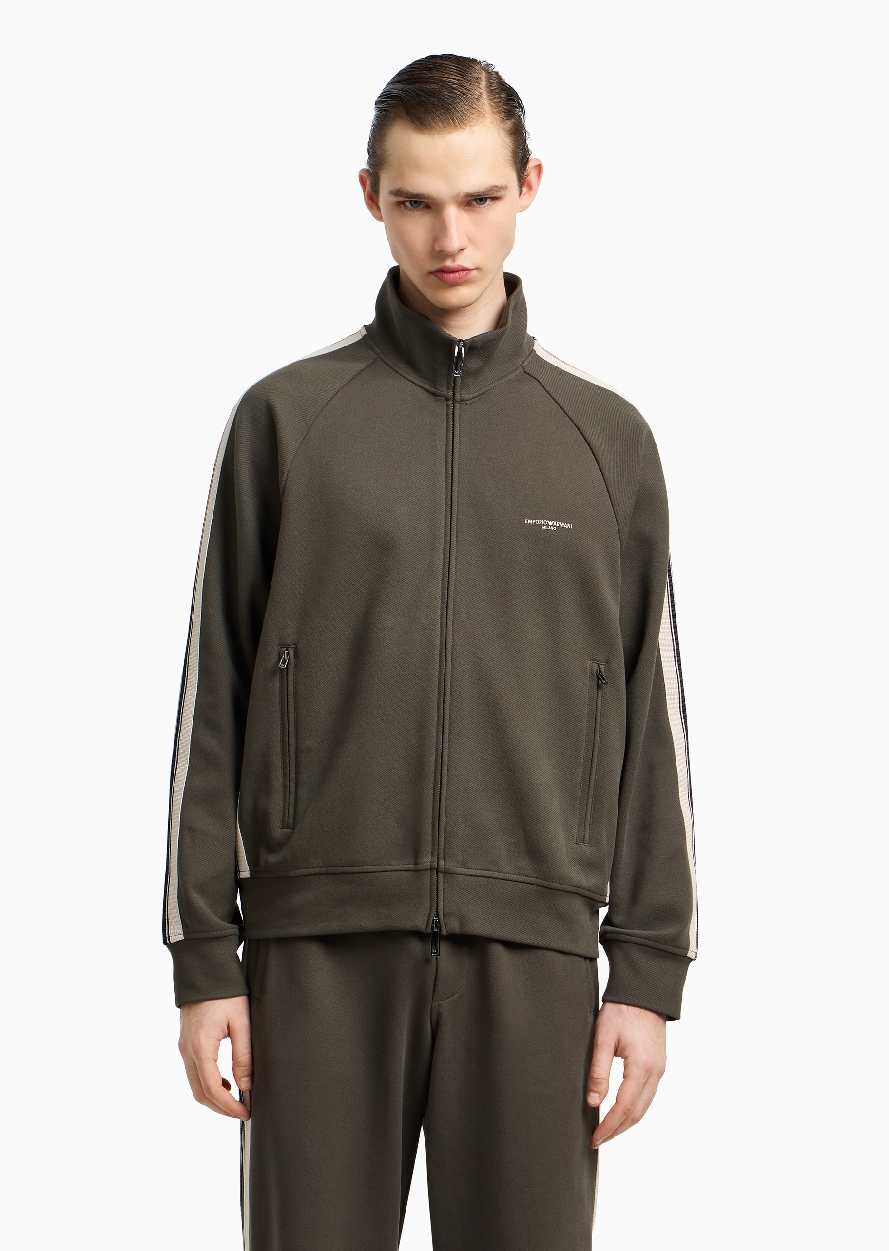 Emporio Armani 男士重磅合身长袖立领插肩撞色饰带卫衣外套
