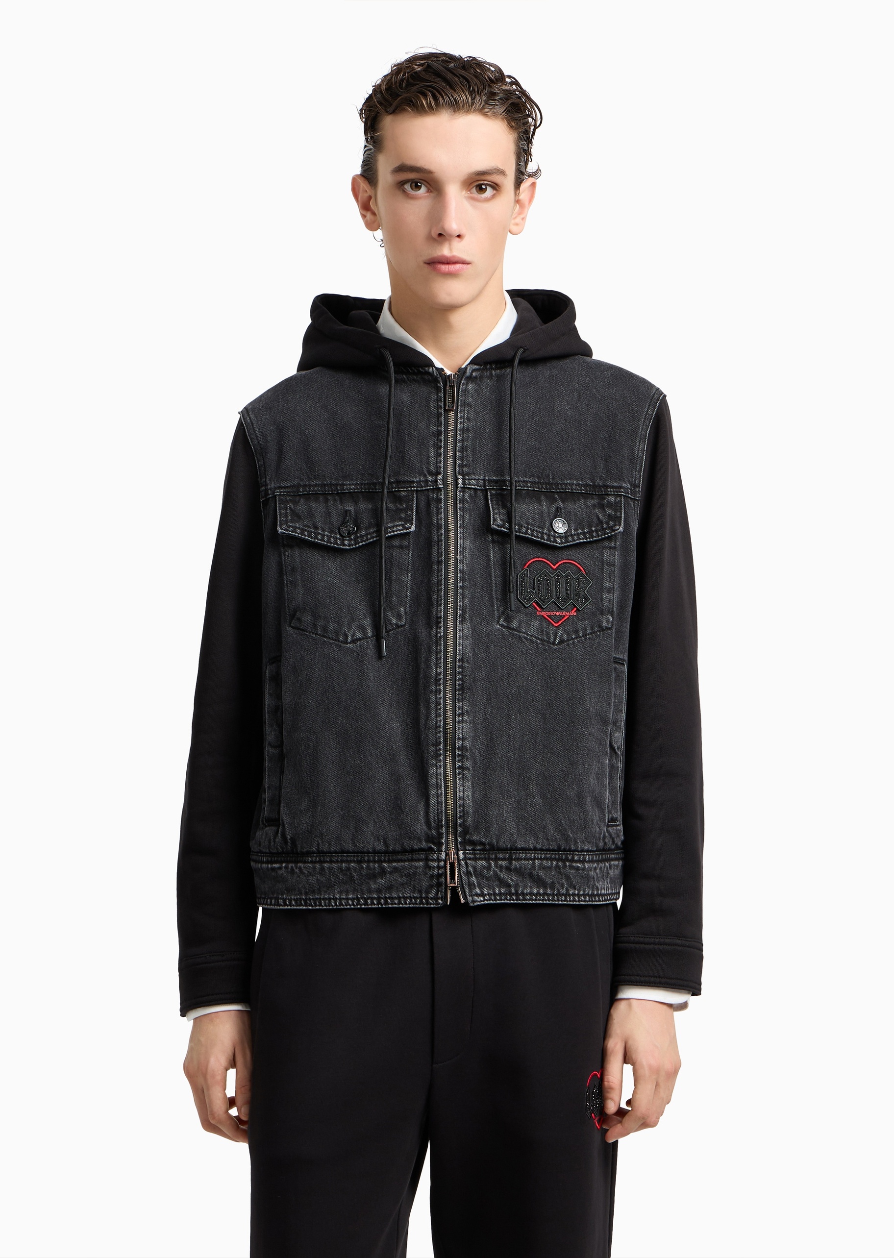 Emporio Armani 七夕限定男士牛仔拼接连帽刺绣夹克