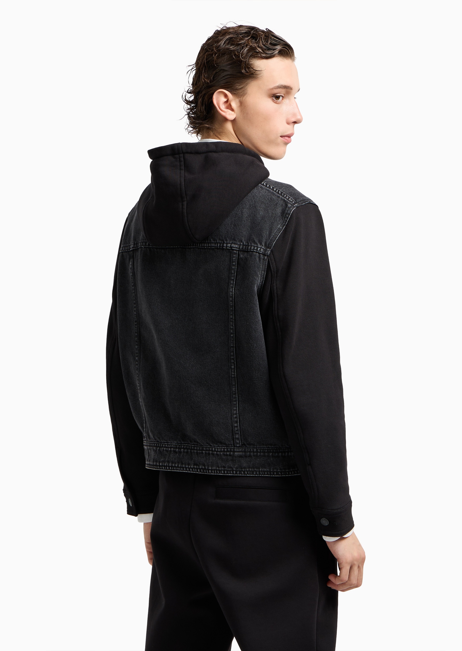 Emporio Armani 七夕限定男士牛仔拼接连帽刺绣夹克