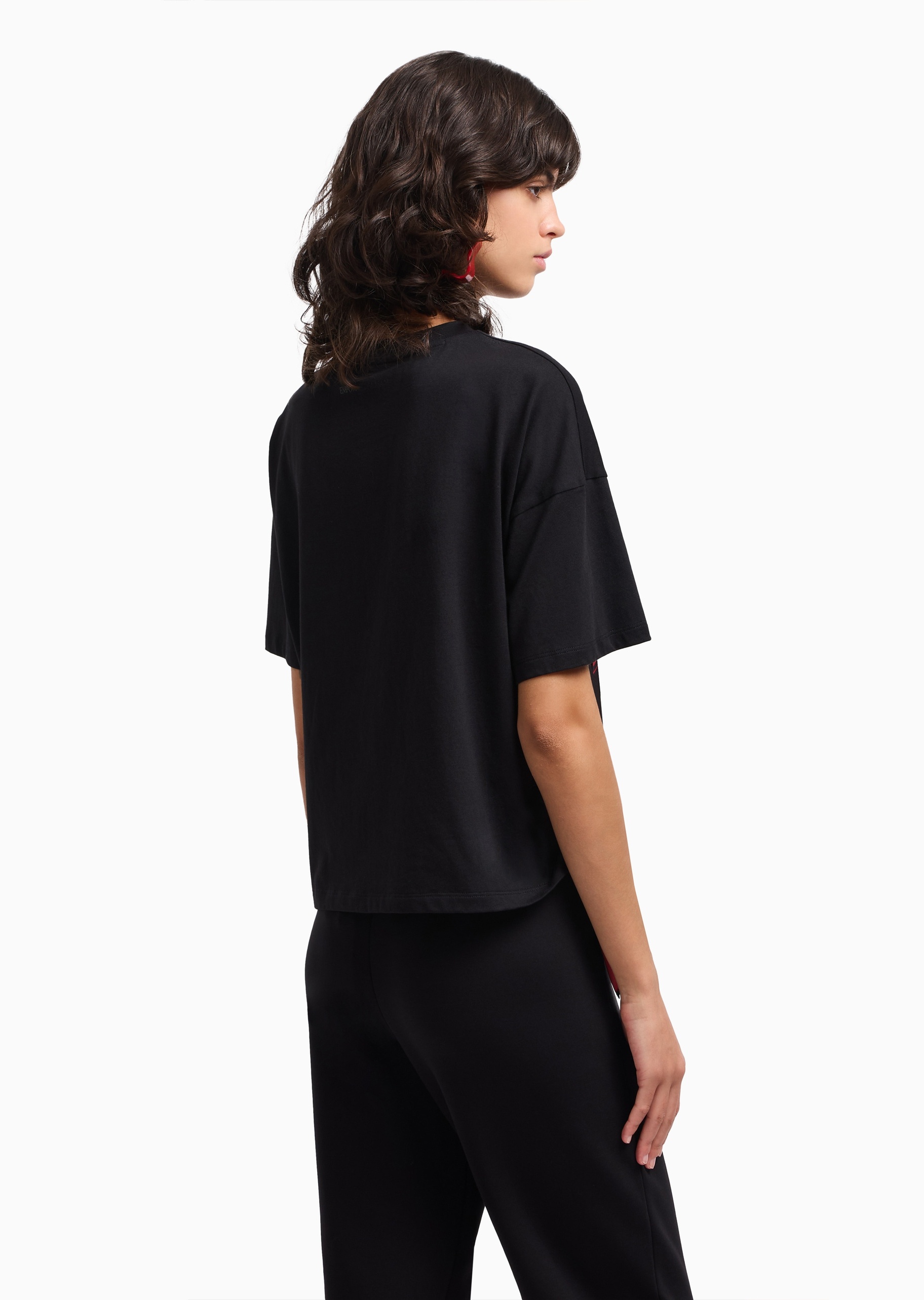 Emporio Armani 女士宽松短袖圆领落肩爱心印花绉纱拼接T恤