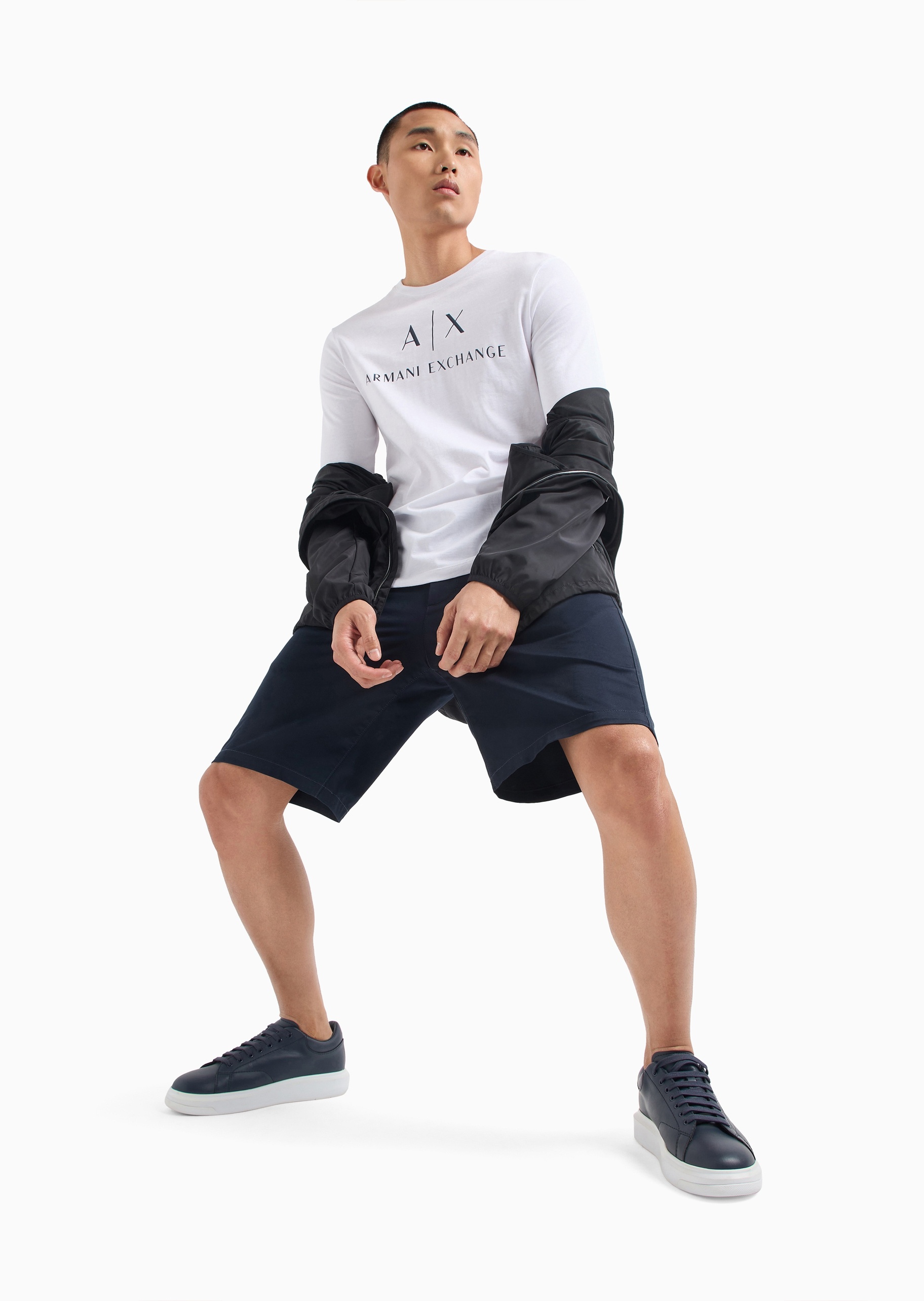 ARMANI EXCHANGE 男士全棉合身长袖圆领正肩LOGO印花T恤