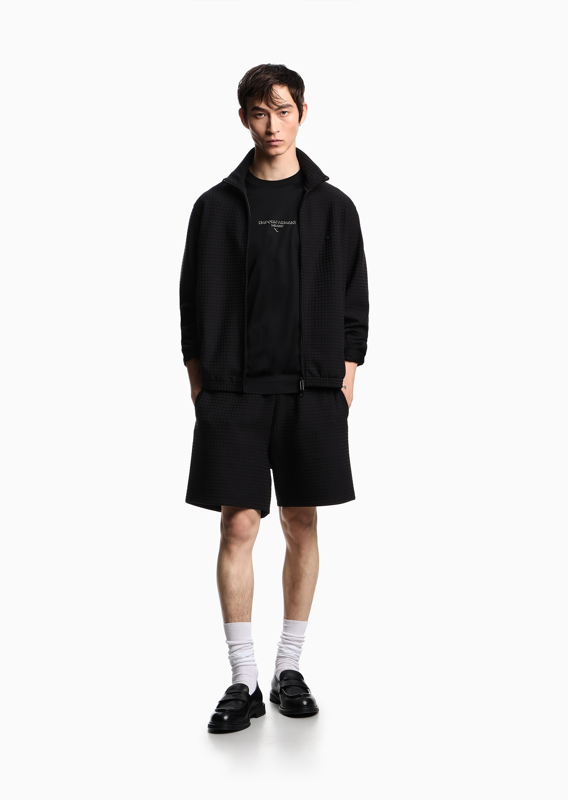 Emporio Armani 男士重磅宽松长袖立领通体提花卫衣外套