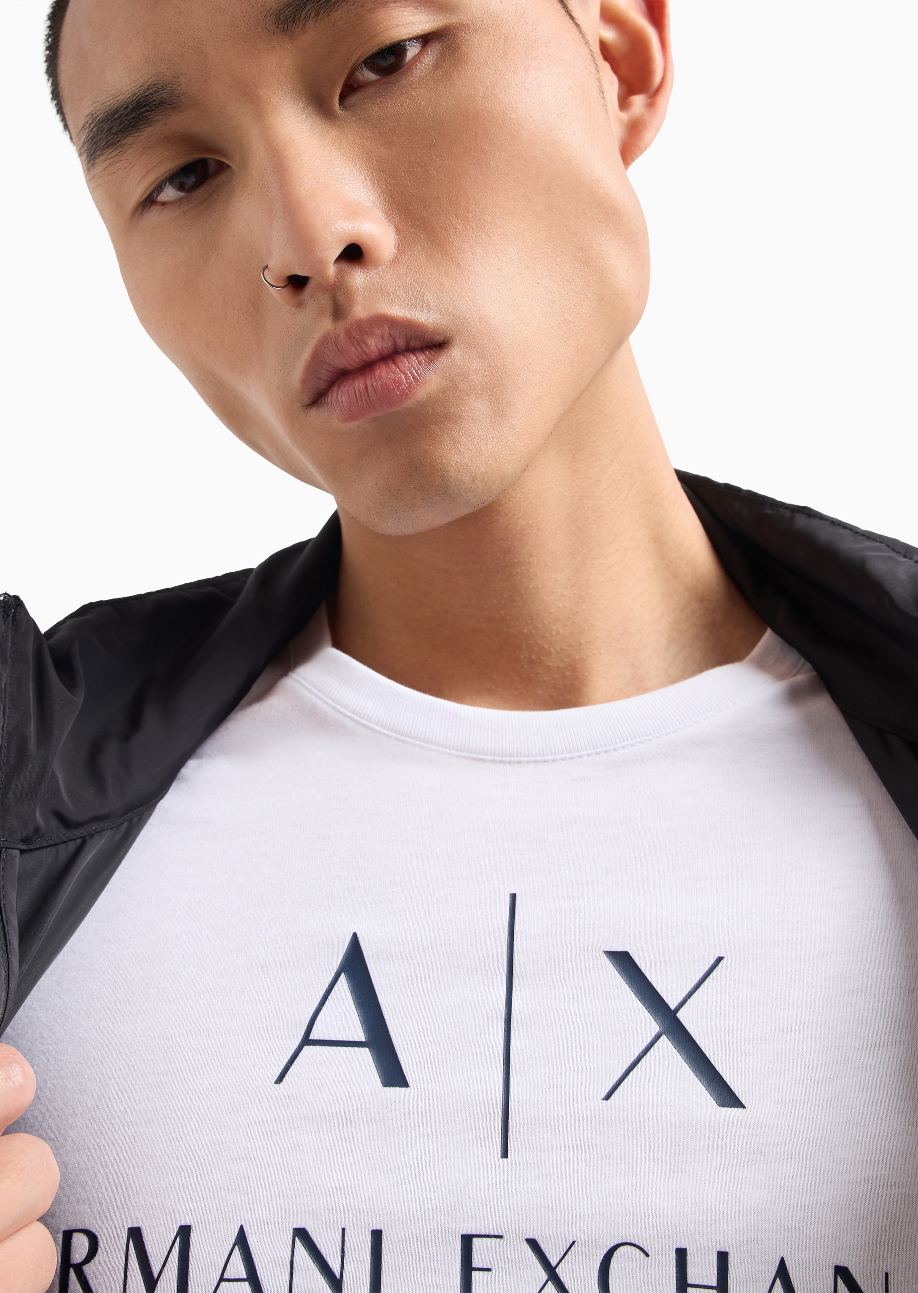 ARMANI EXCHANGE 男士全棉合身长袖圆领正肩LOGO印花T恤