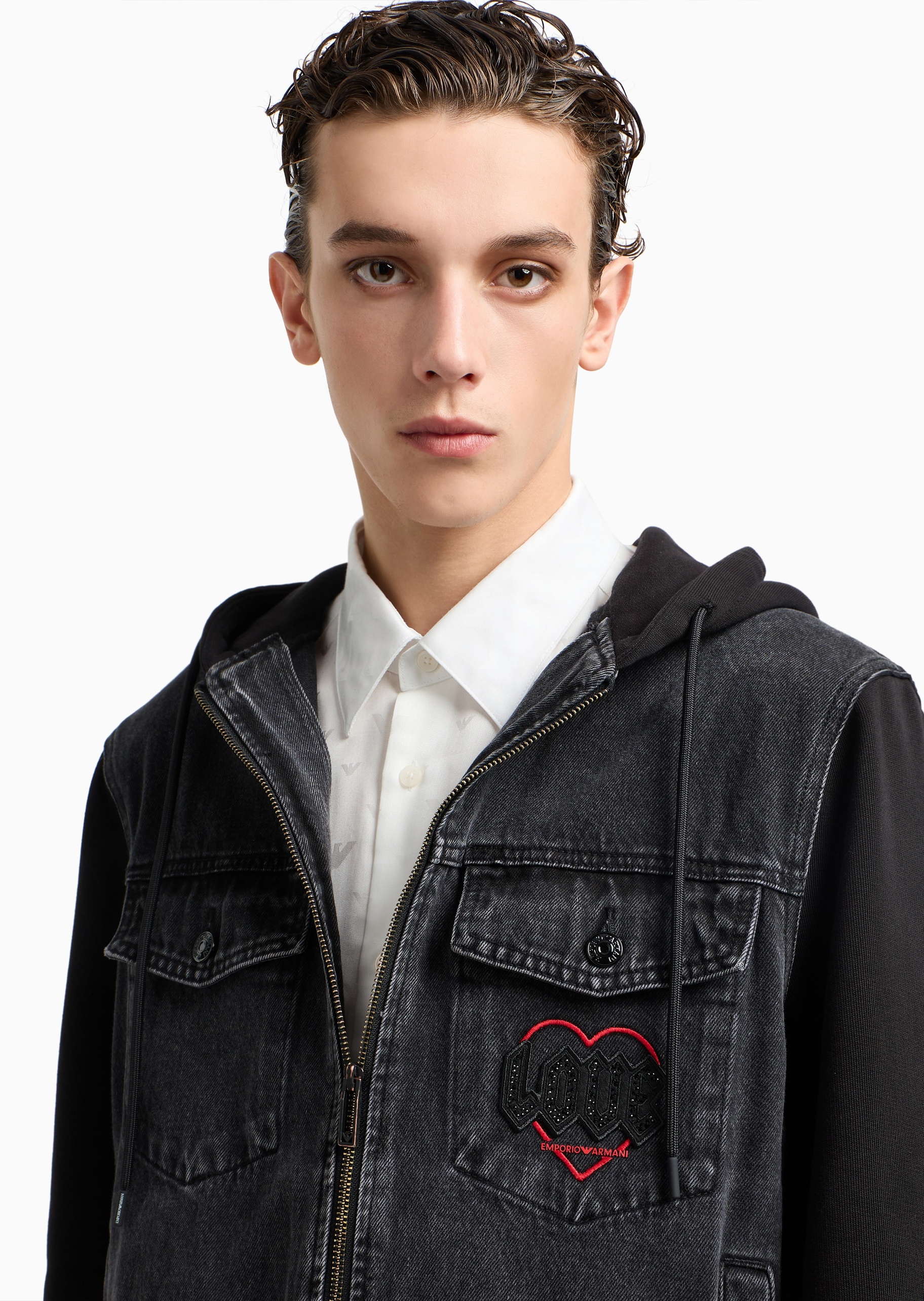 Emporio Armani 七夕限定男士牛仔拼接连帽刺绣夹克