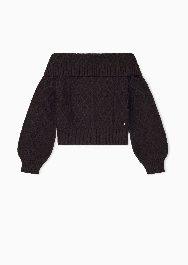 ARMANI EXCHANGE 女士羊毛混纺绞花一字肩套头针织毛衣
