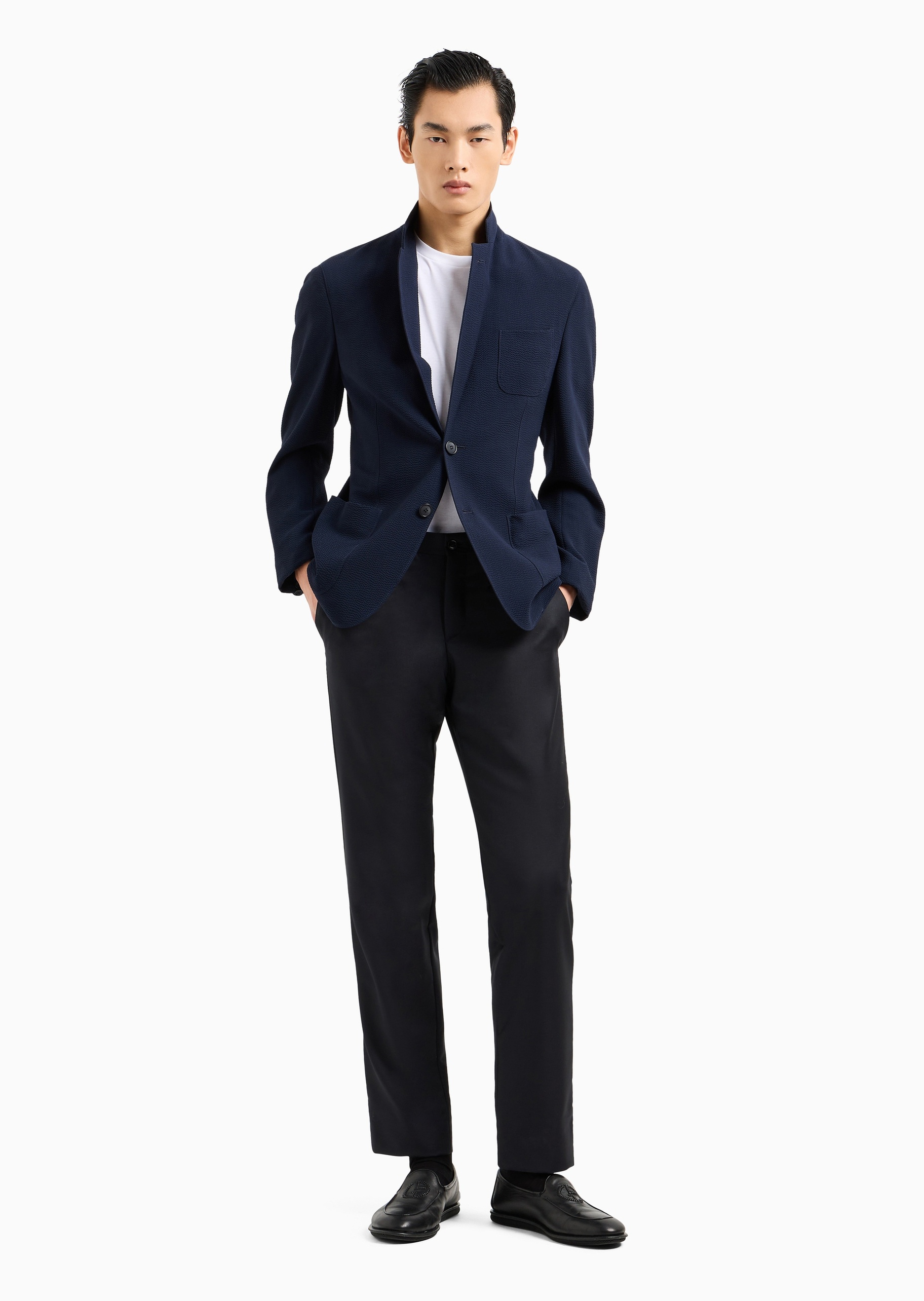 Giorgio Armani 男士全棉合身短袖圆领单色徽标刺绣T恤