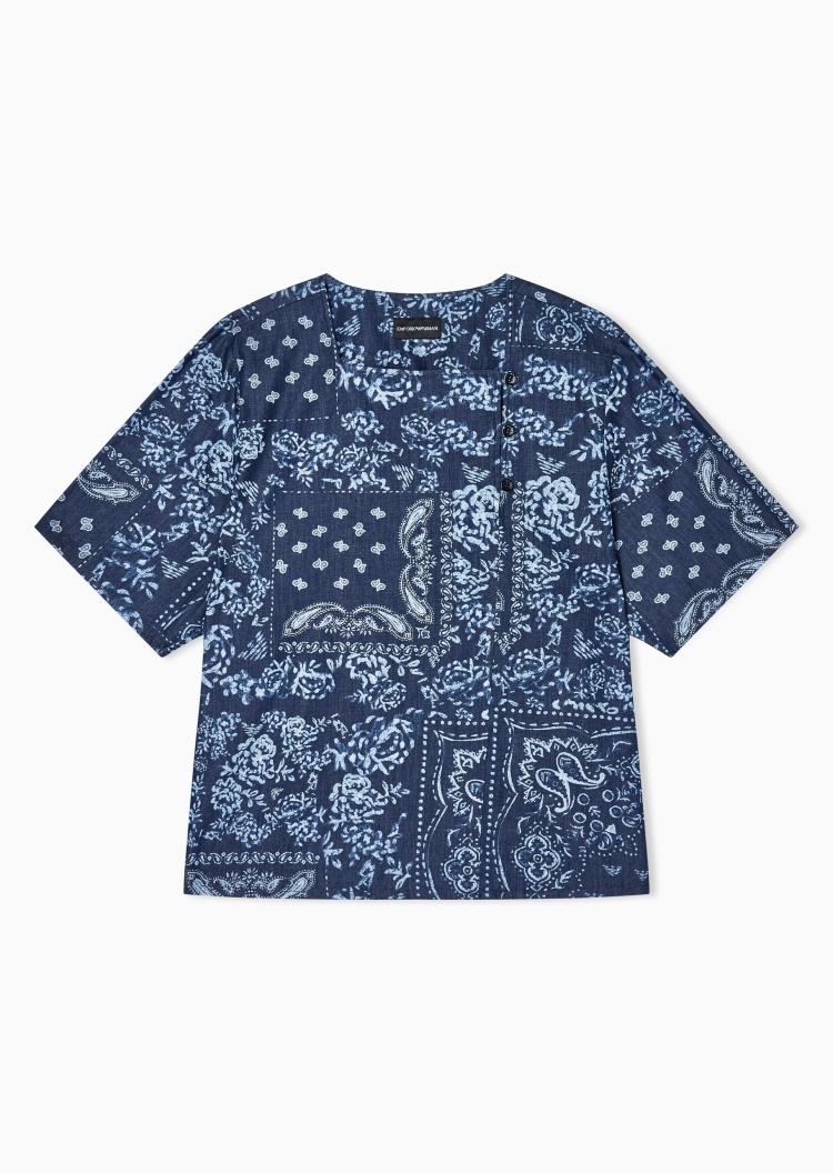 Emporio Armani 女士纯棉短袖印花图案复古休闲衬衫