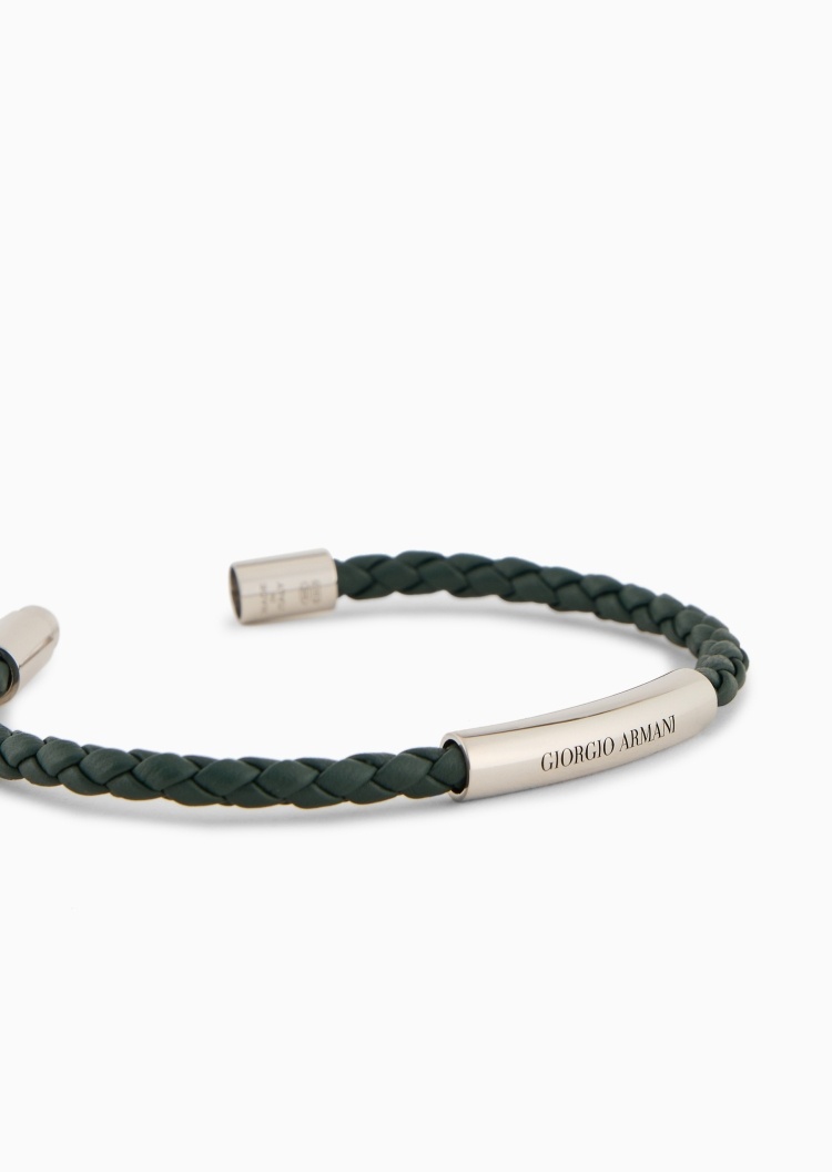 Giorgio Armani 男士银质牛皮革磁扣管状嵌饰编织手链