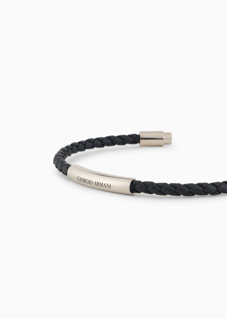 Giorgio Armani 男士银质牛皮革磁扣管状嵌饰编织手链