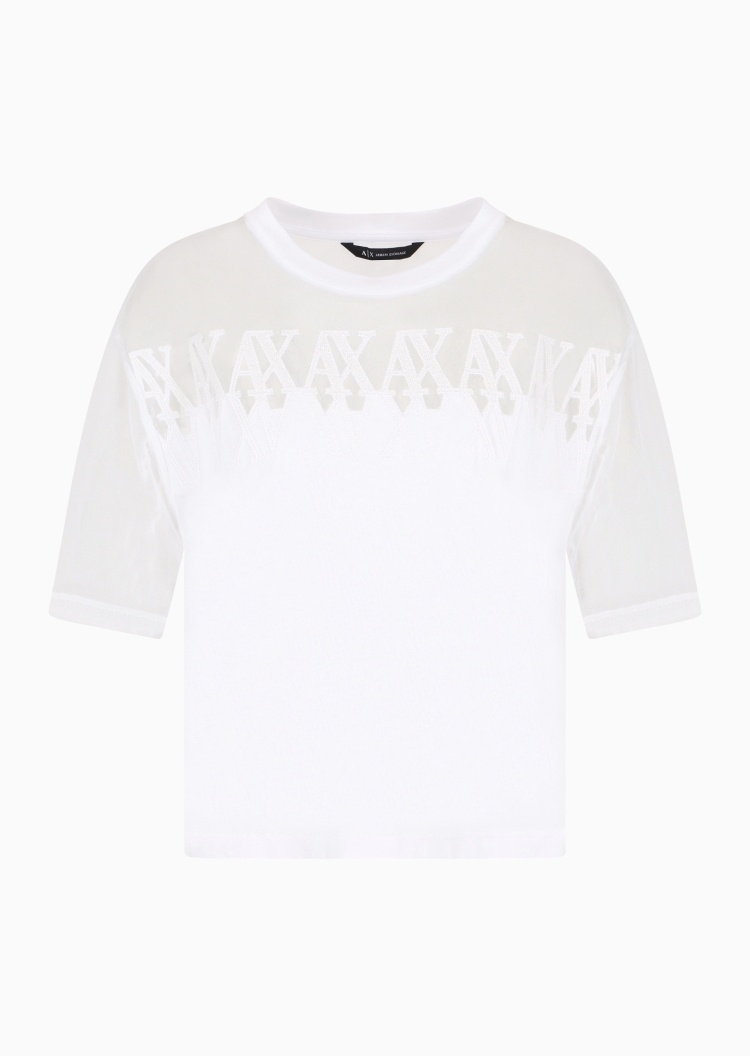 ARMANI EXCHANGE 女士宽松短袖圆领网纱拼接字母刺绣T恤
