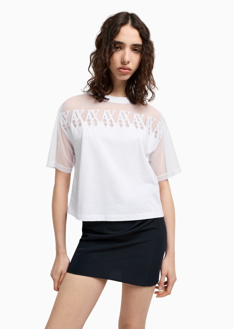 ARMANI EXCHANGE 女士宽松短袖圆领网纱拼接字母刺绣T恤