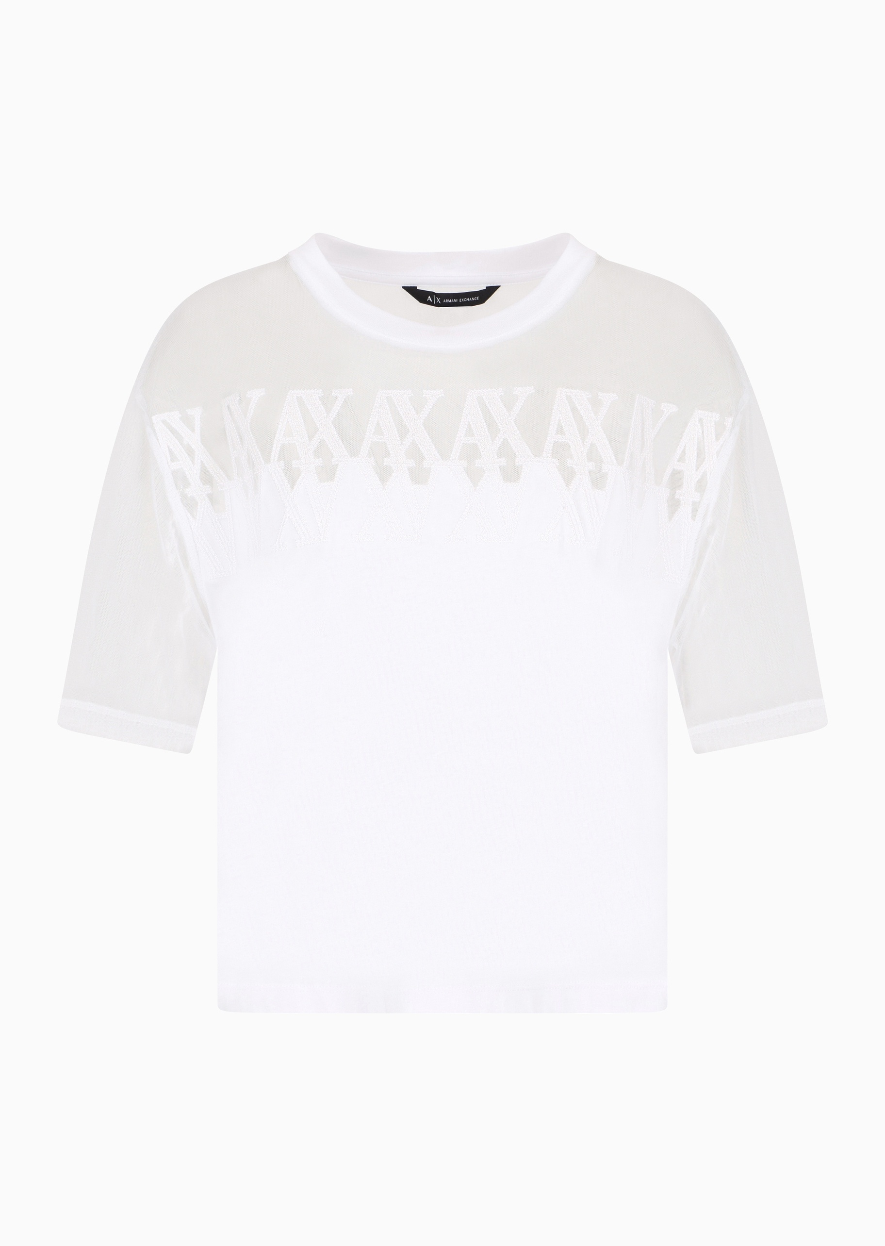 ARMANI EXCHANGE 女士宽松短袖圆领网纱拼接字母刺绣T恤