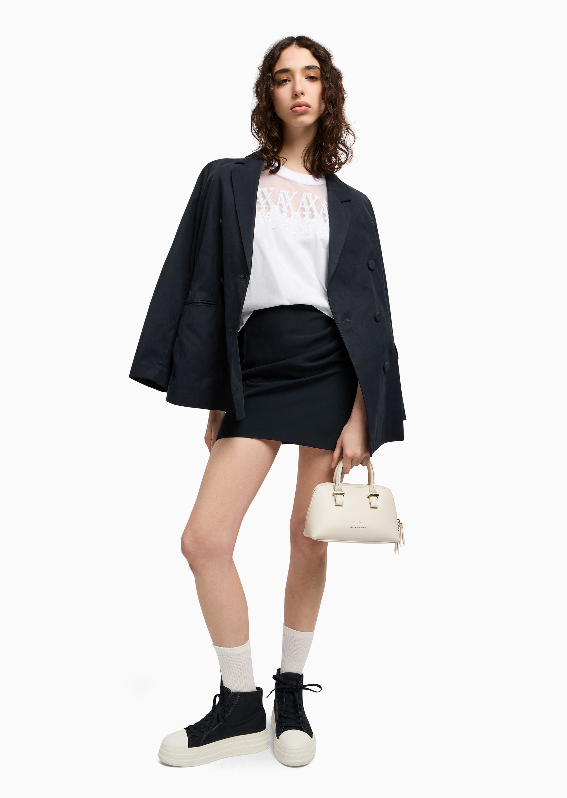 ARMANI EXCHANGE 女士宽松短袖圆领网纱拼接字母刺绣T恤