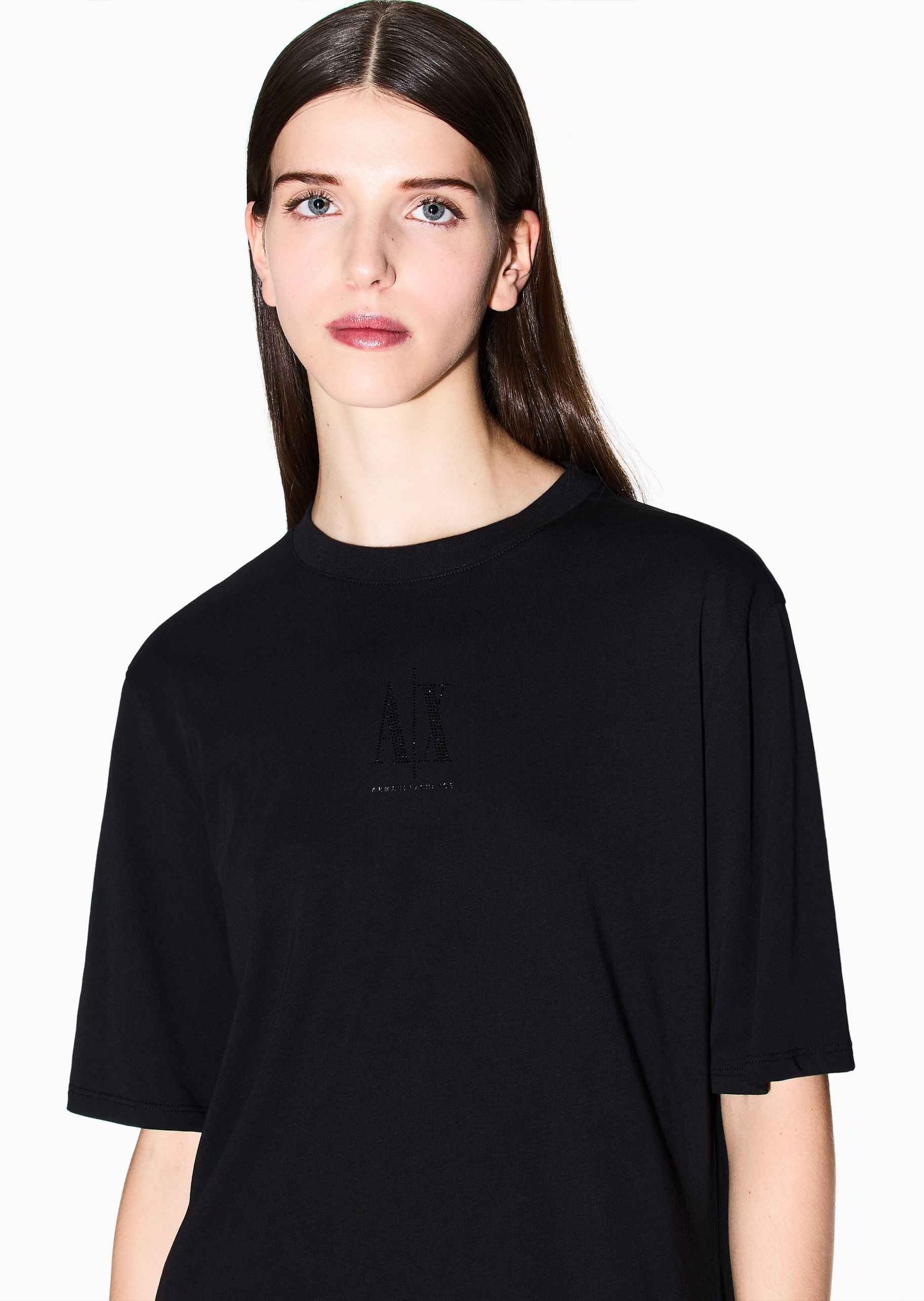 ARMANI EXCHANGE 女士全棉短袖直筒水钻徽标连衣裙