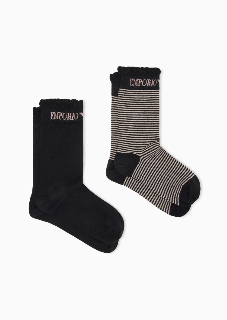 Emporio Armani 女士微弹中筒两双装条纹袜子套装