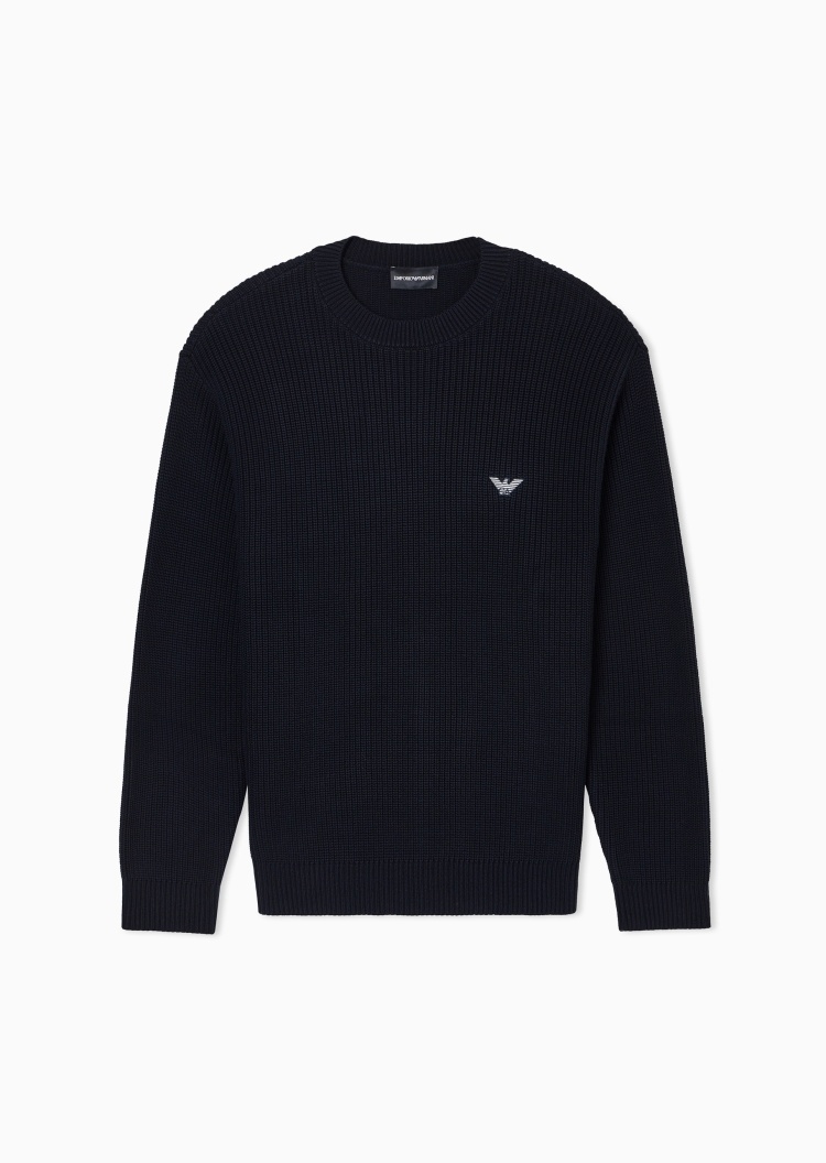 Emporio Armani 男士纯棉长袖圆领落肩刺绣标识针织衫