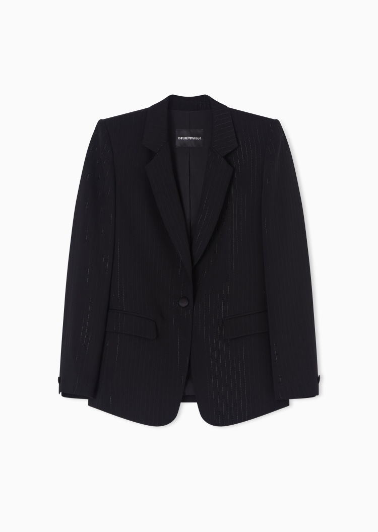 Emporio Armani 女士长袖平驳领单排扣细条纹西装外套