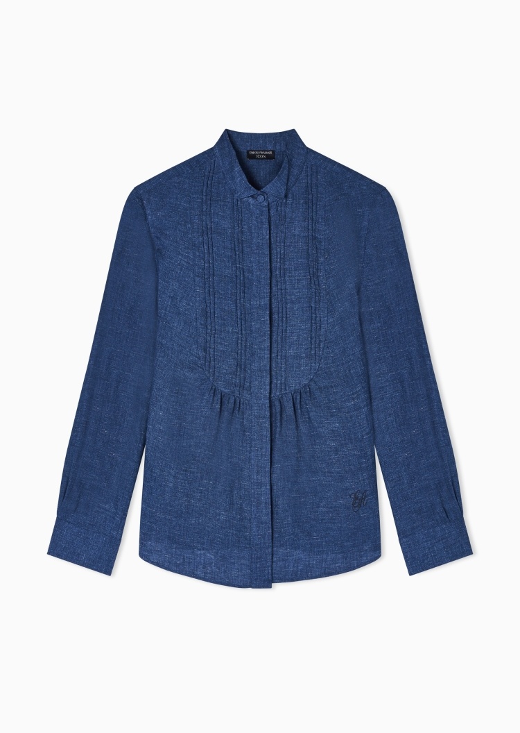 Emporio Armani 女士亚麻长袖翻领优雅时尚休闲衬衫