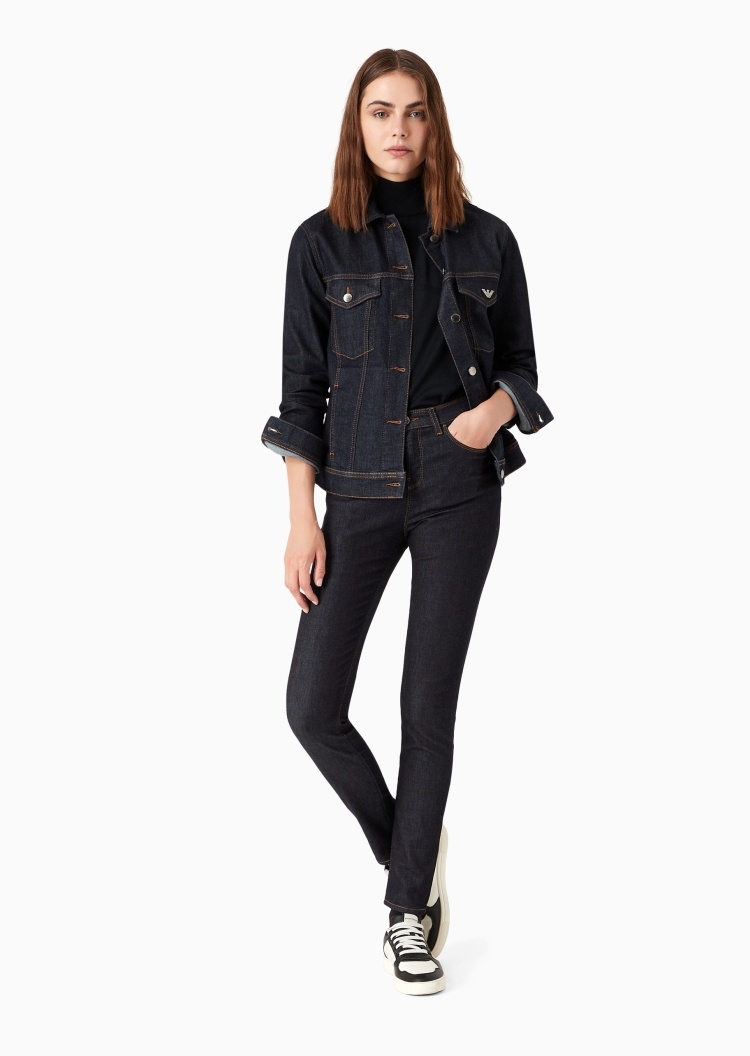 Emporio Armani 女士翻领修身短款户外复古工装牛仔夹克外套