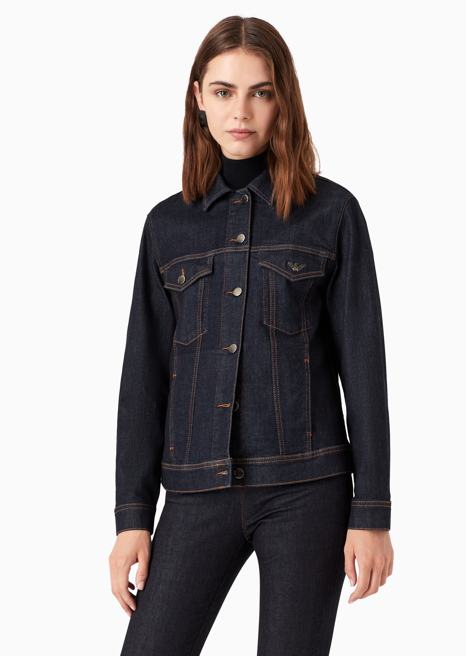 Emporio Armani 女士翻领修身短款户外复古工装牛仔夹克外套