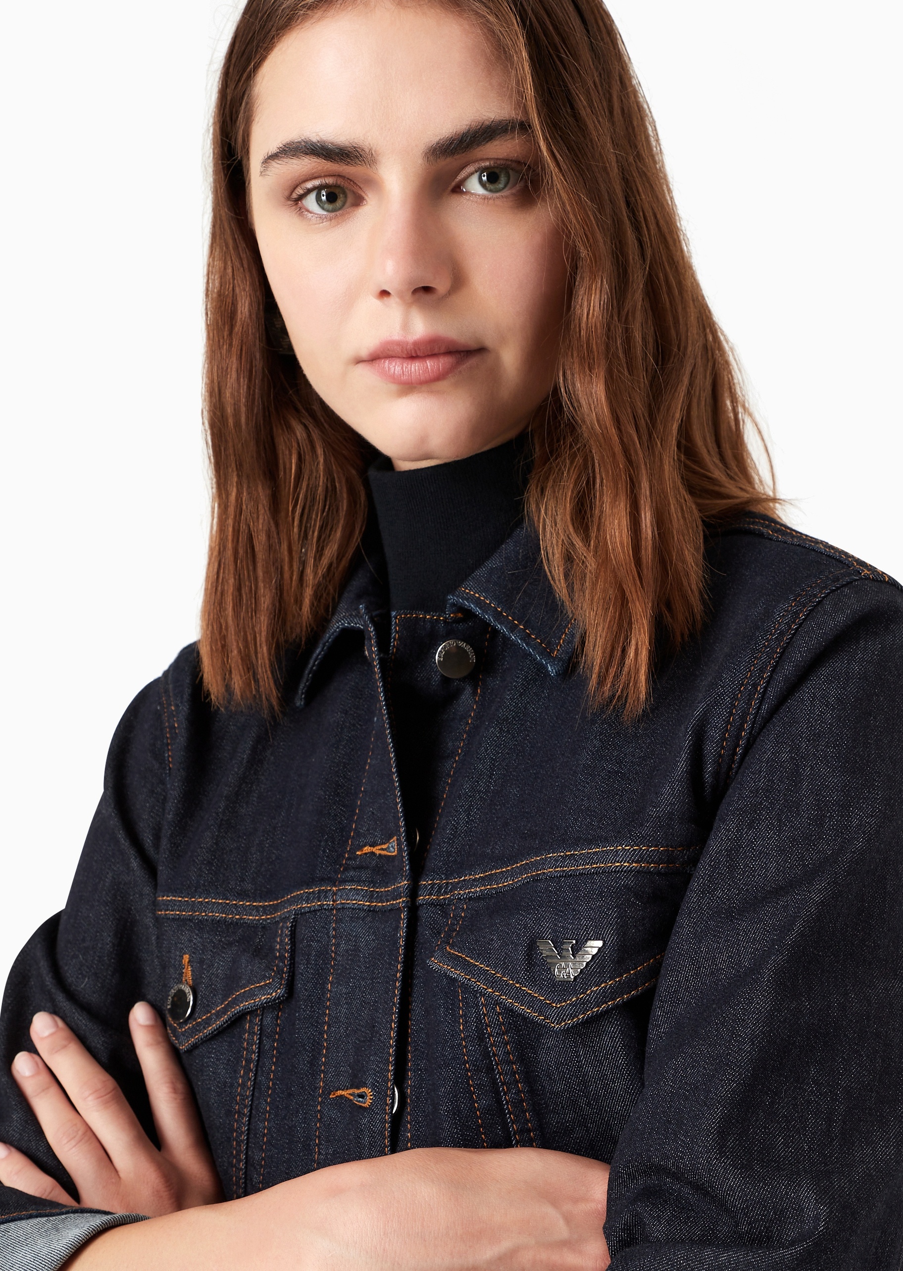 Emporio Armani 女士翻领修身短款户外复古工装牛仔夹克外套