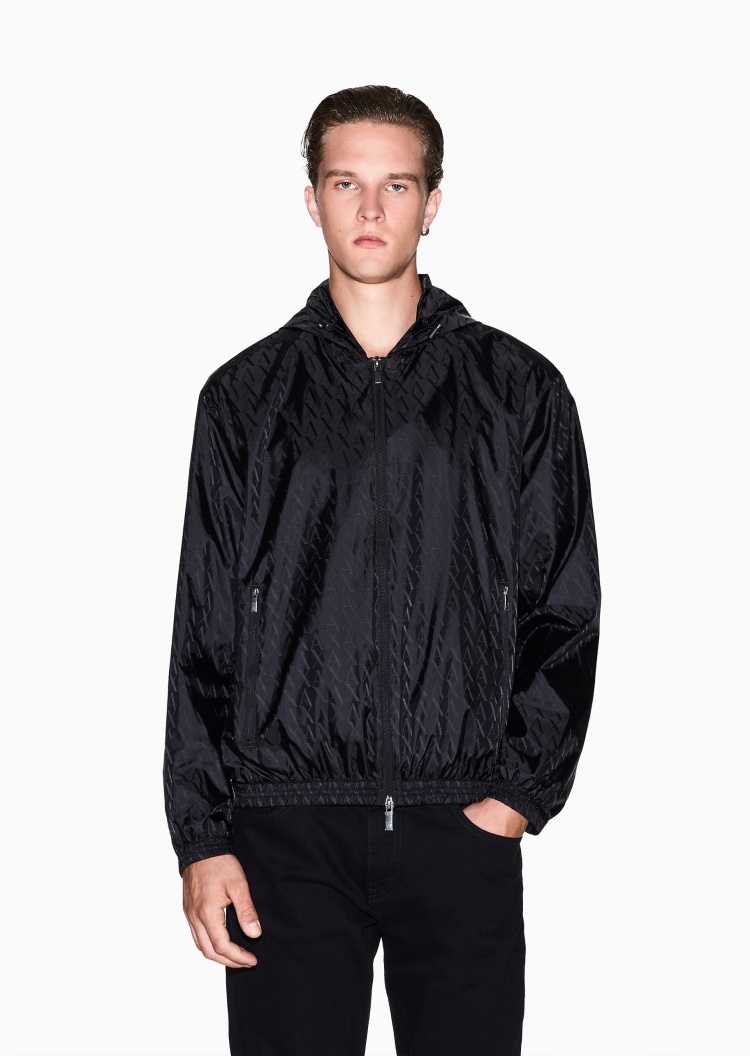 ARMANI EXCHANGE 男士长袖连帽拉链门襟满印字母夹克