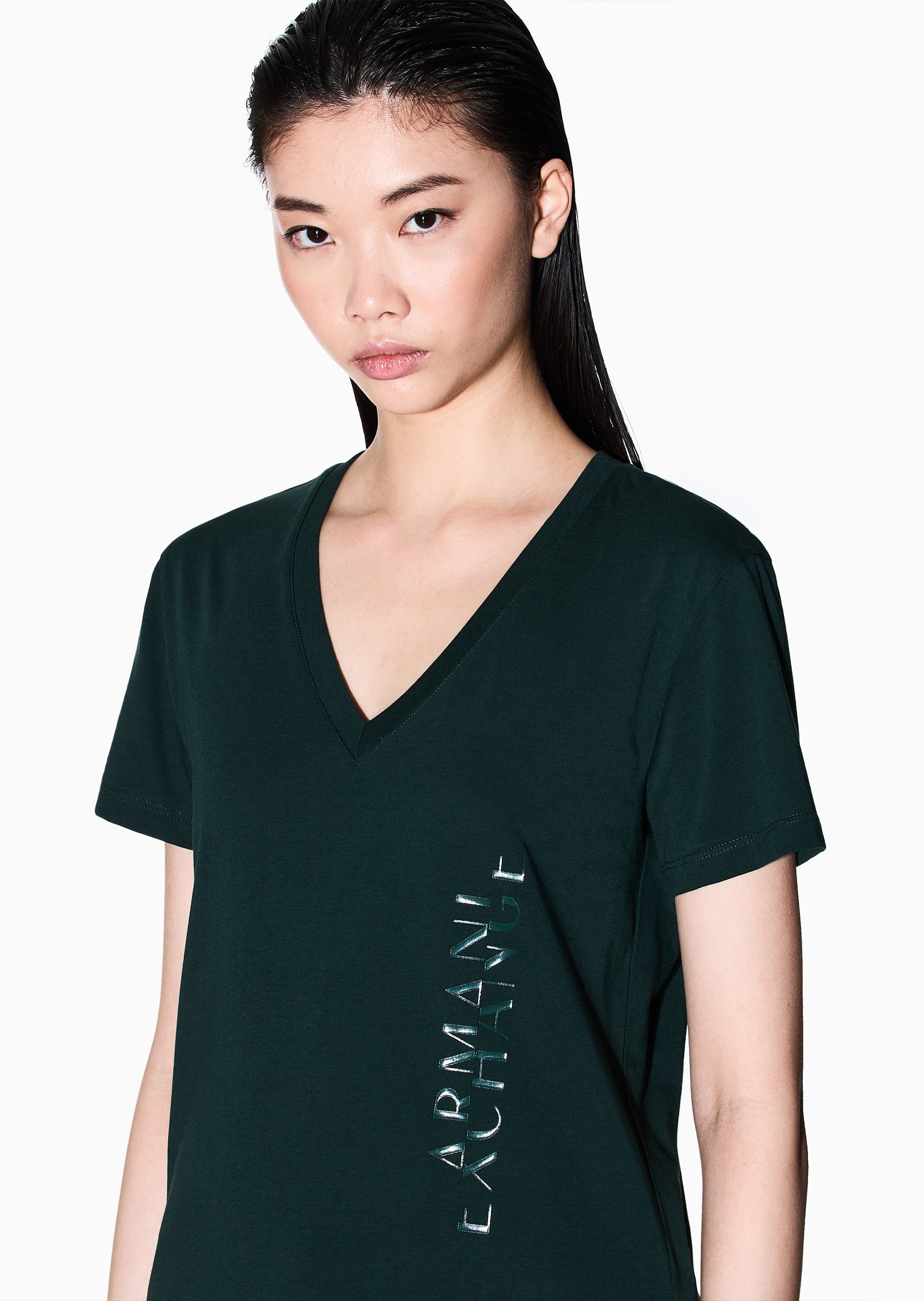 ARMANI EXCHANGE 女士纯棉合身短袖V领正肩纯色轻薄T恤衫