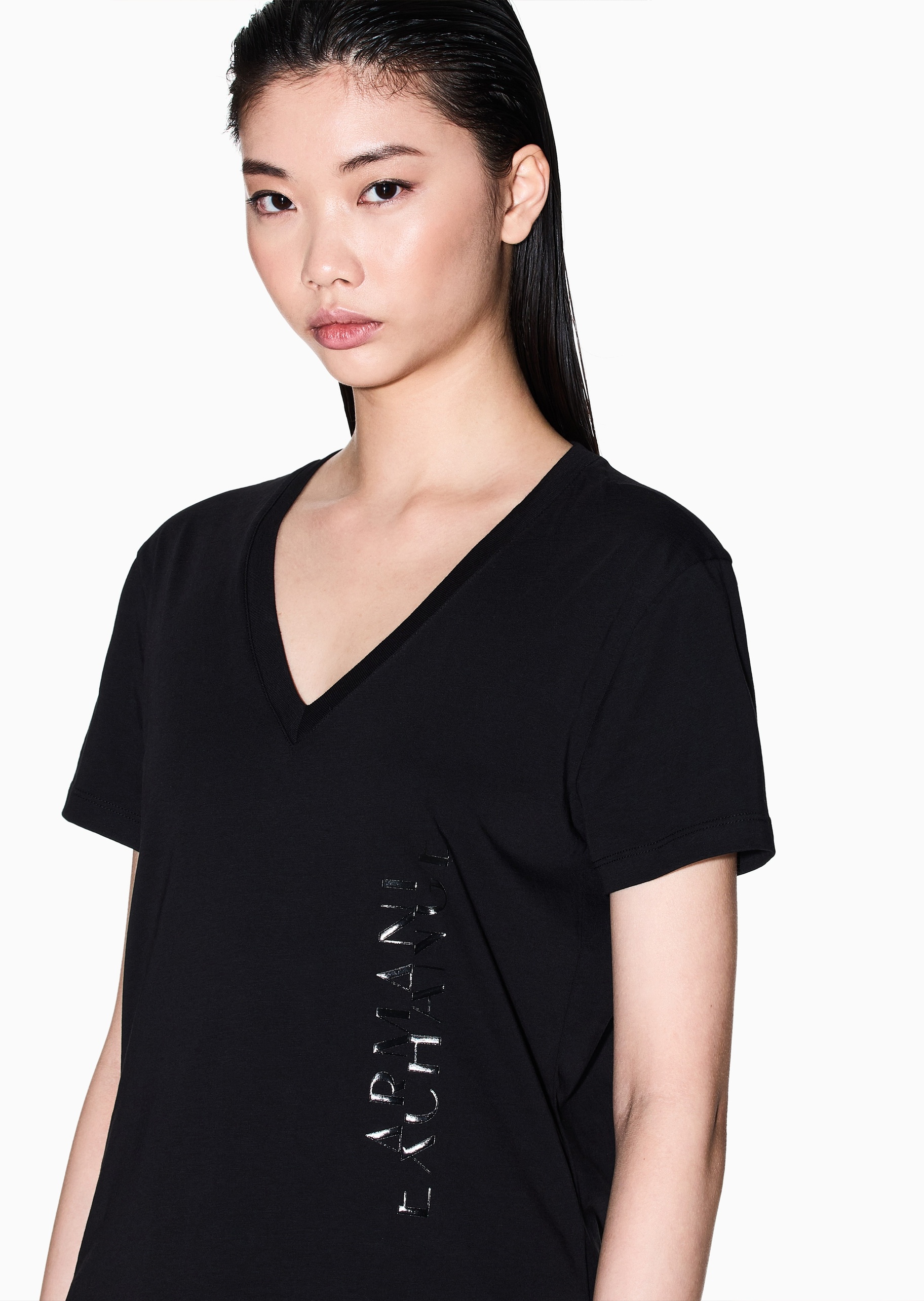 ARMANI EXCHANGE 女士全棉合身短袖V领正肩纯色轻薄T恤衫