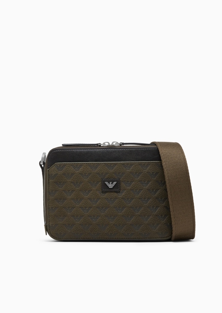 Emporio Armani 男士牛皮革拉链可拆肩带压花单肩斜挎相机包