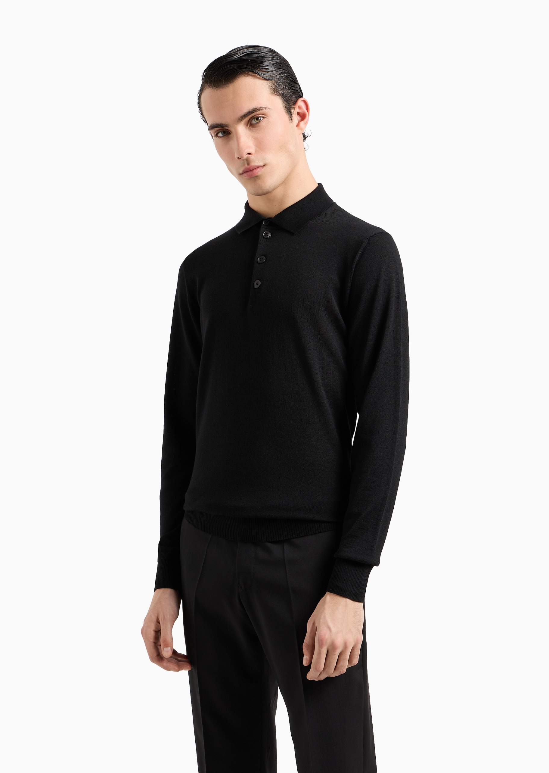 Emporio Armani 男士全绵羊毛合身长袖翻领针织Polo衫