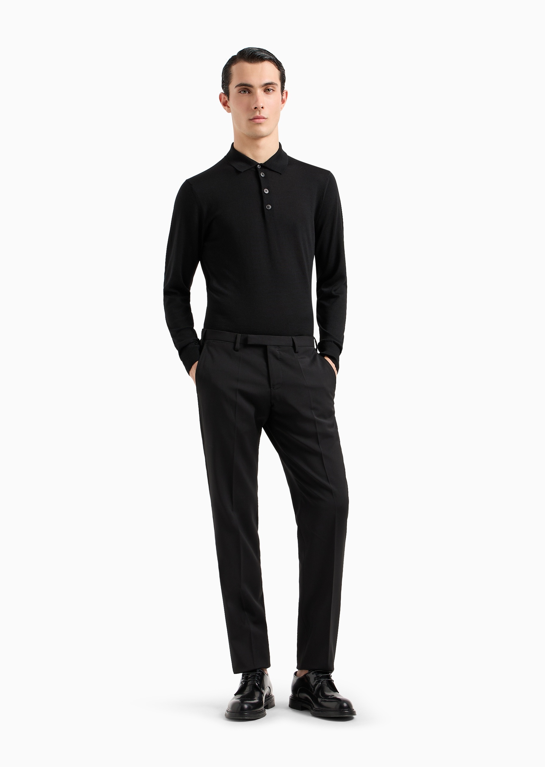 Emporio Armani 男士全绵羊毛合身长袖翻领针织Polo衫
