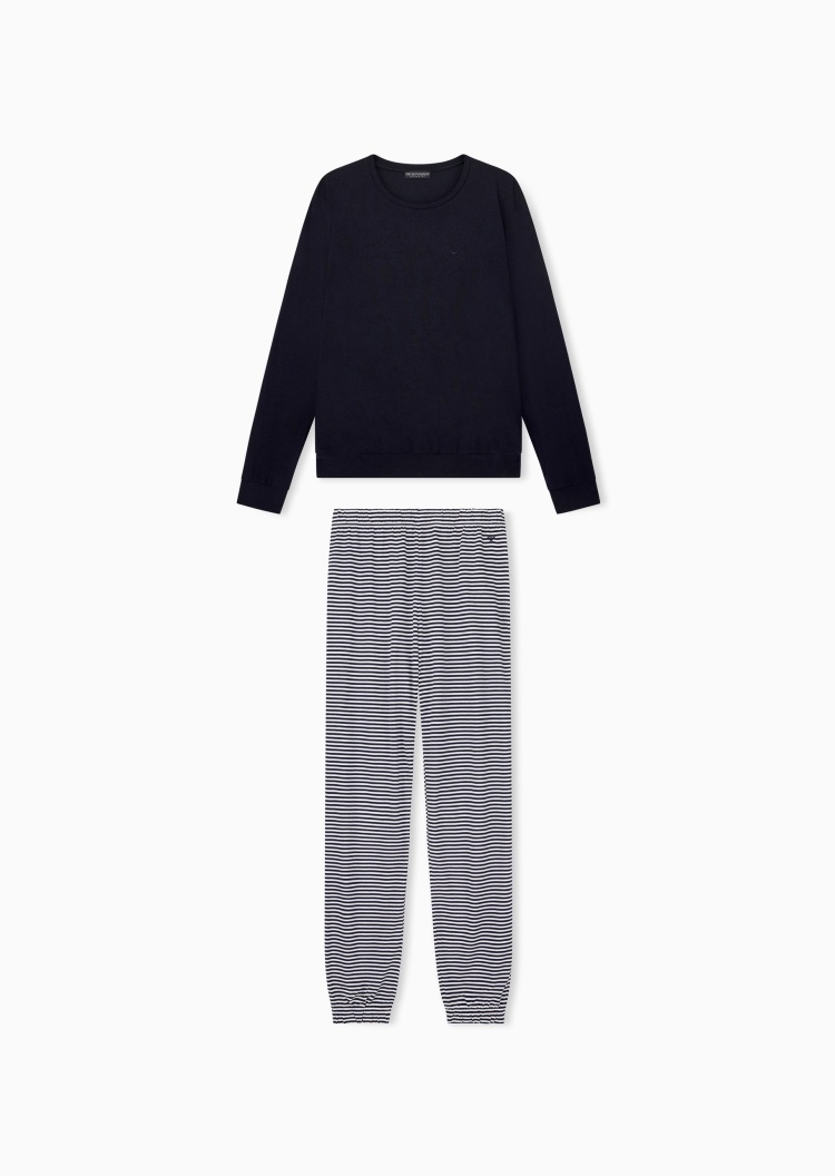 Emporio Armani 女士纯棉长袖长裤休闲简约条纹家居睡衣套装