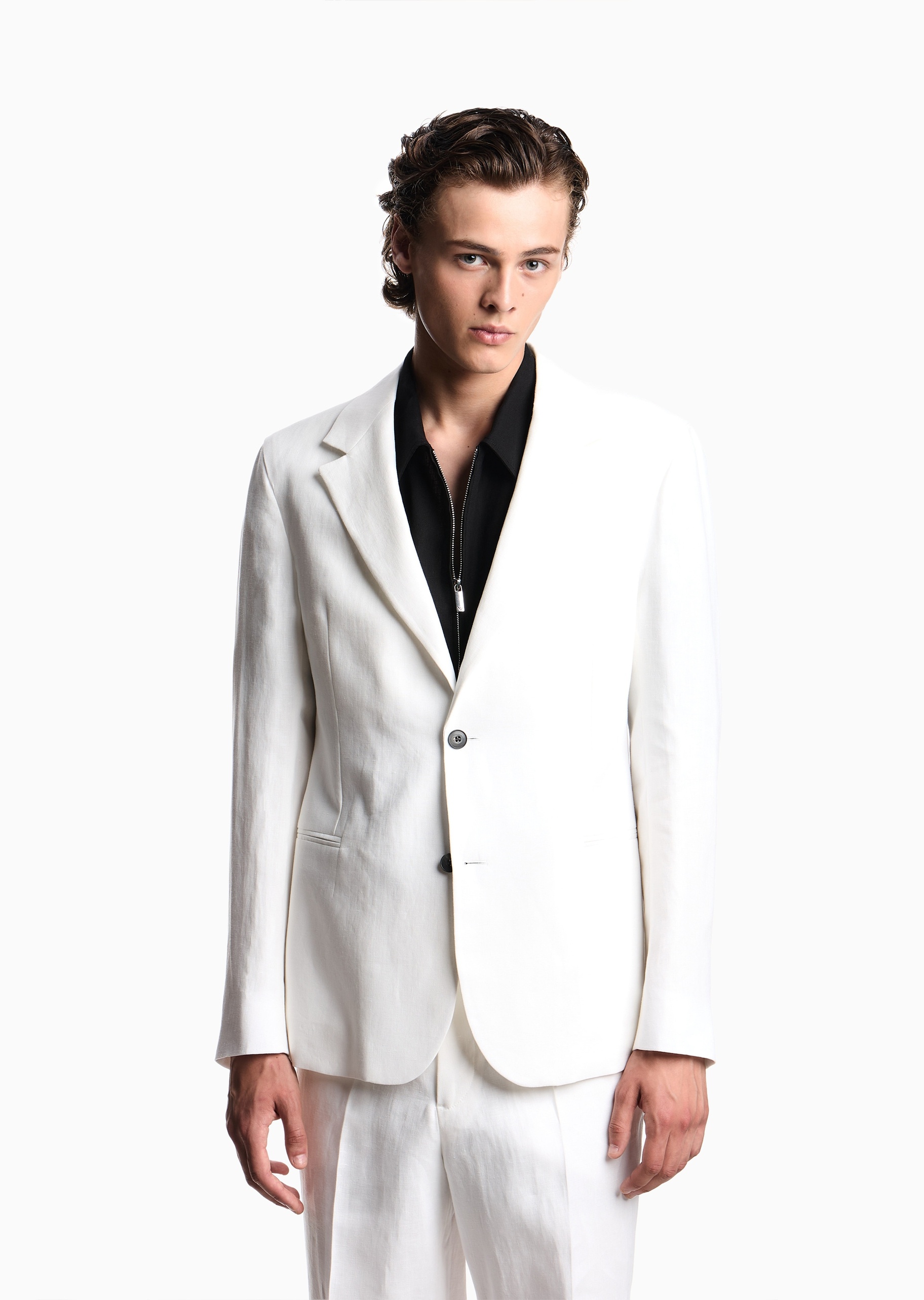 Emporio Armani 男士亚麻长袖平驳领单排扣西装外套