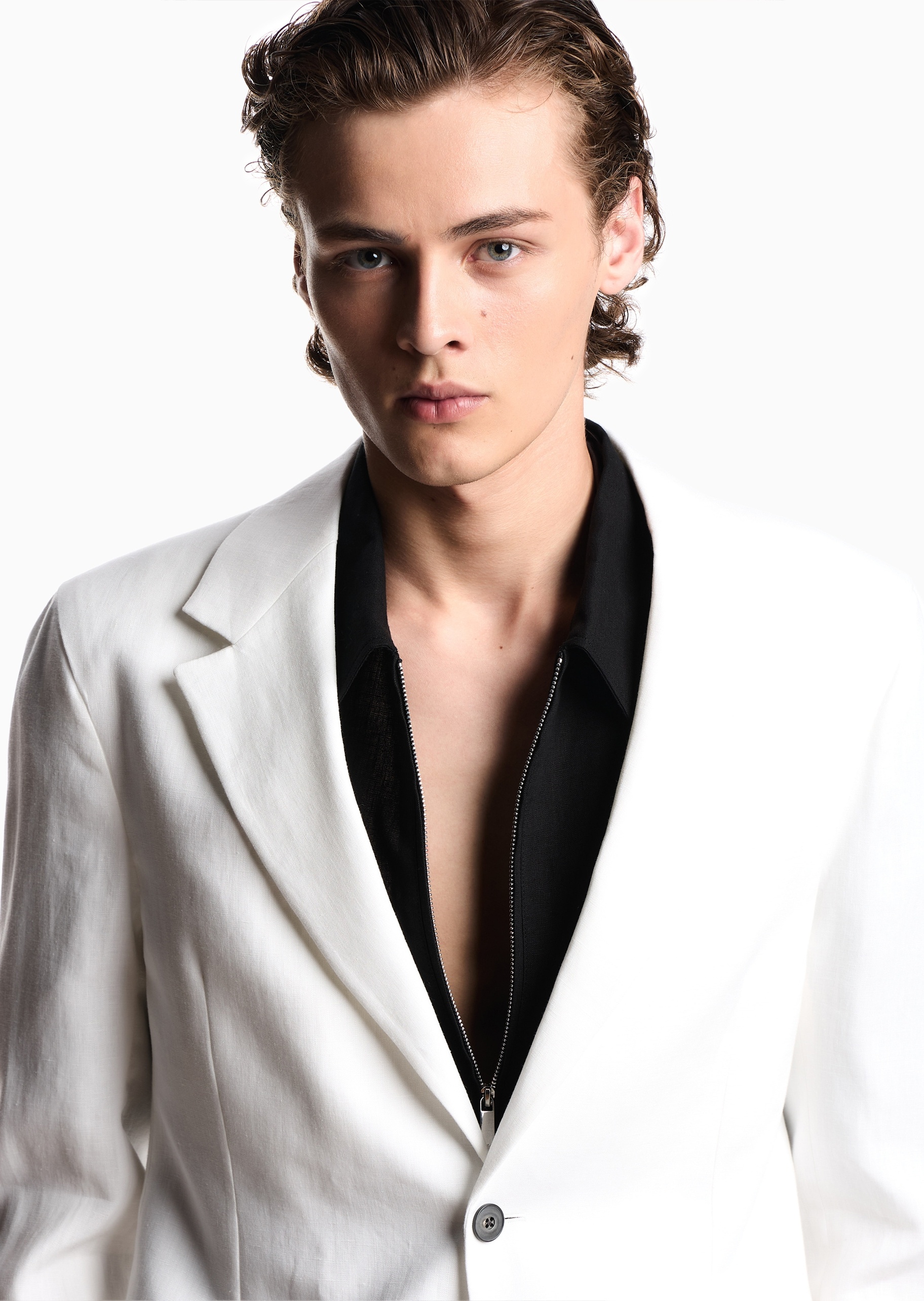 Emporio Armani 男士亚麻长袖平驳领单排扣西装外套