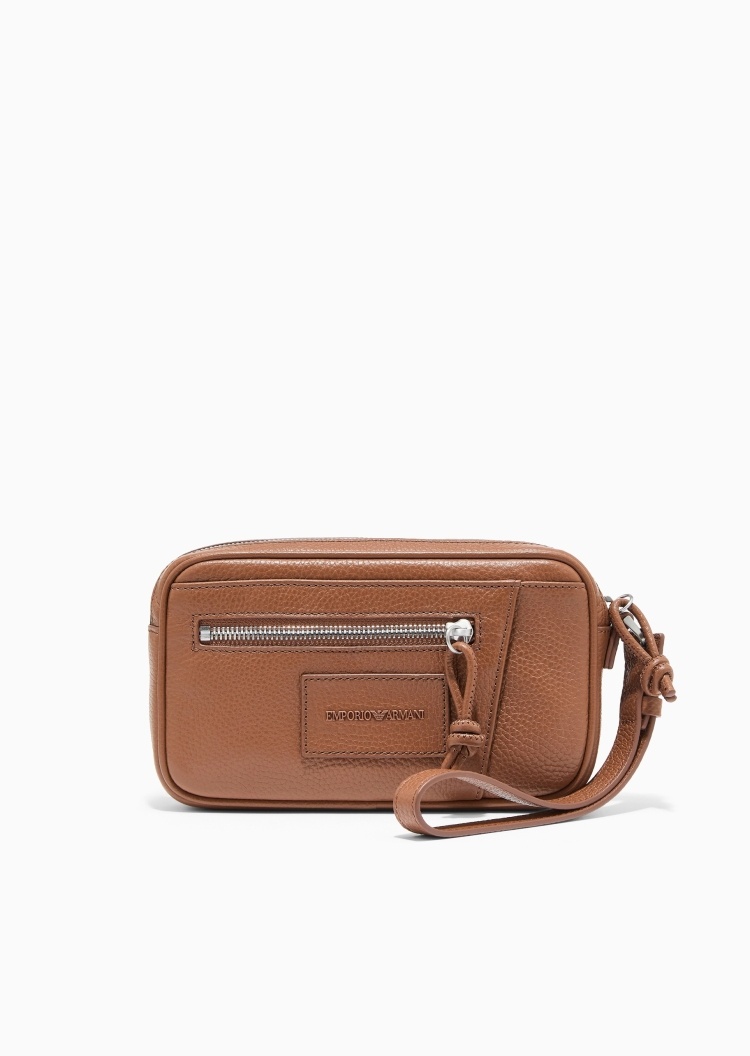 Emporio Armani 男士牛皮革拉链横款配腕带荔枝纹轻便手拿包
