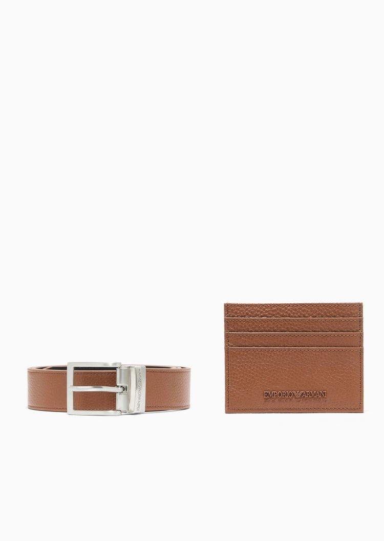 Emporio Armani 男士牛皮革针扣腰带卡夹小皮具套装