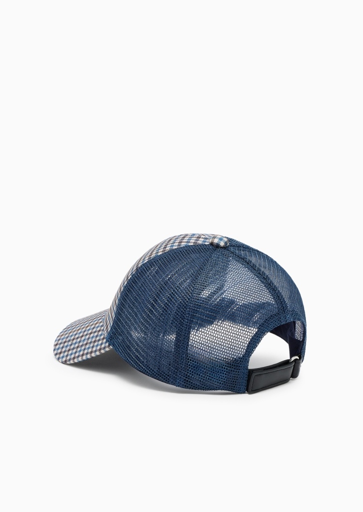 Emporio Armani 男士魔术贴圆顶弯檐网面拼接格纹棒球帽