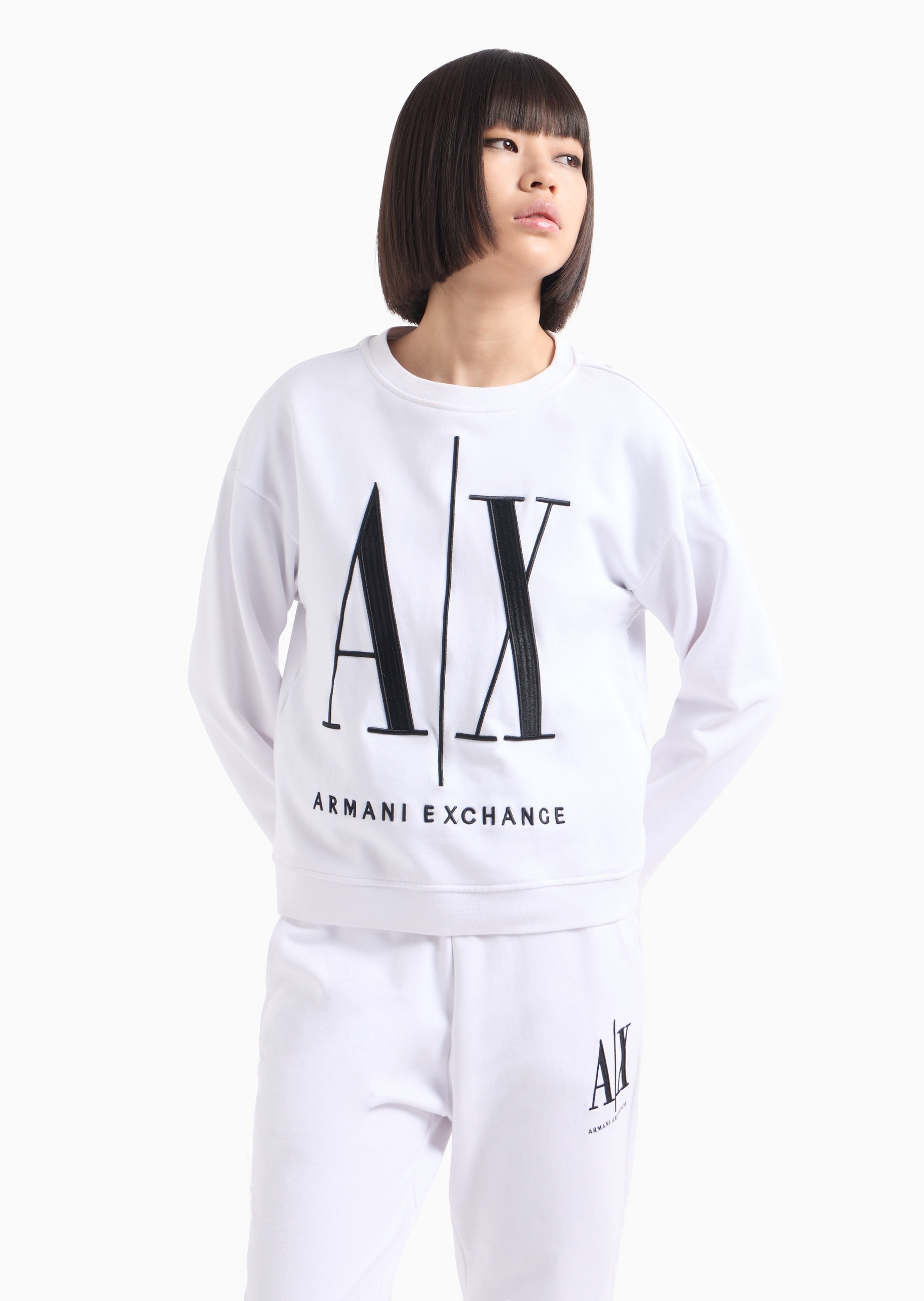 ARMANI EXCHANGE 女士全棉弹力重磅合身长袖圆领落肩卫衣