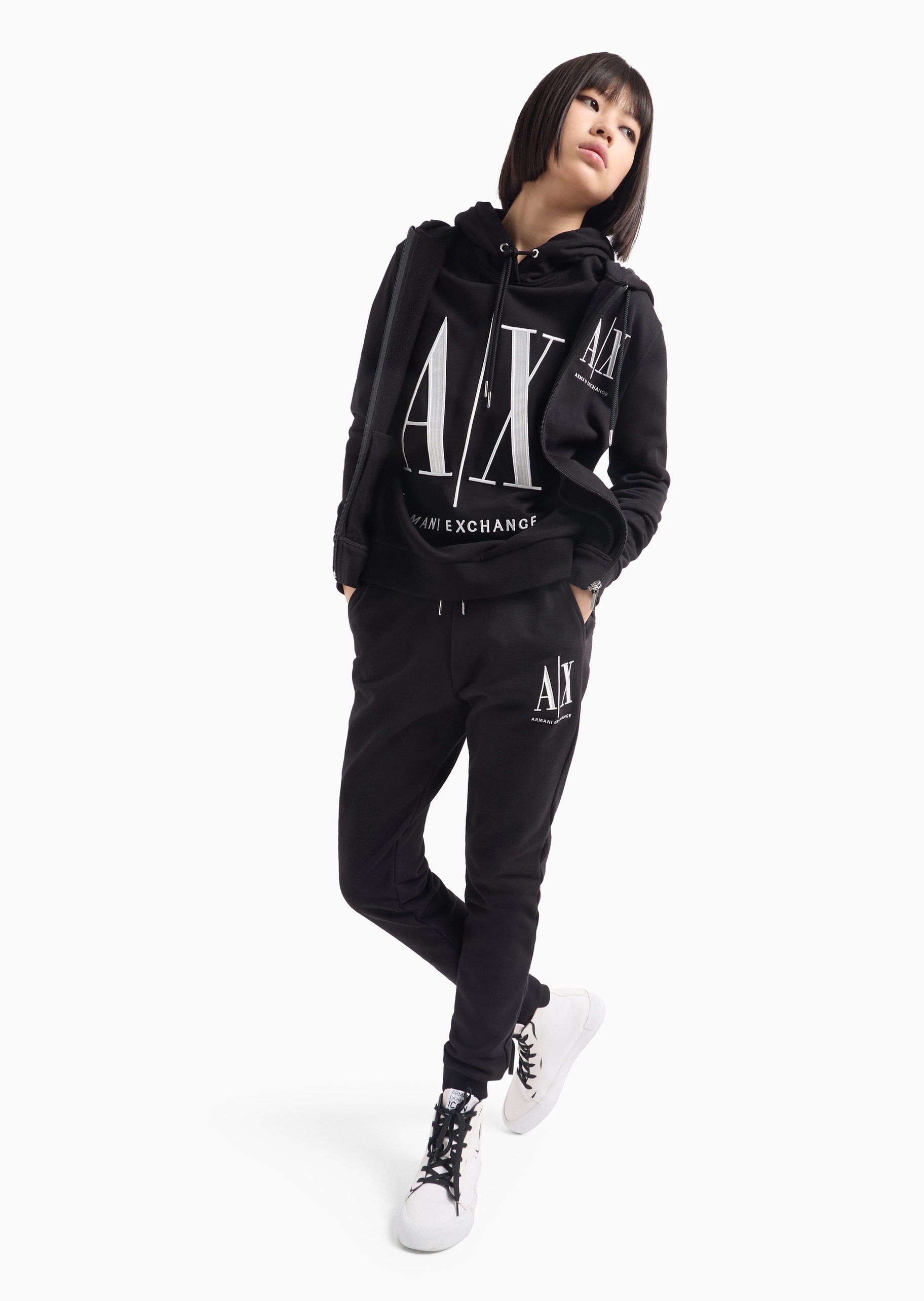 ARMANI EXCHANGE 女士全棉合身长款束脚抽绳刺绣运动卫裤