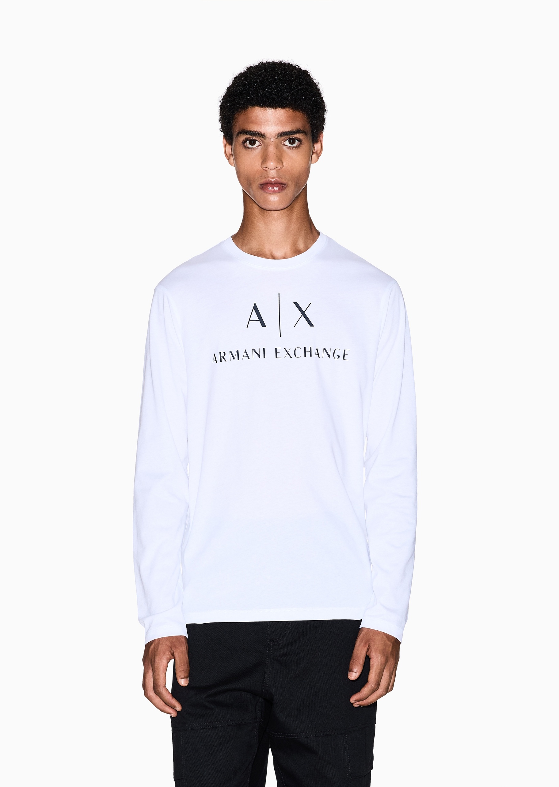 ARMANI EXCHANGE 男士纯棉合身长袖圆领正肩LOGO印花T恤