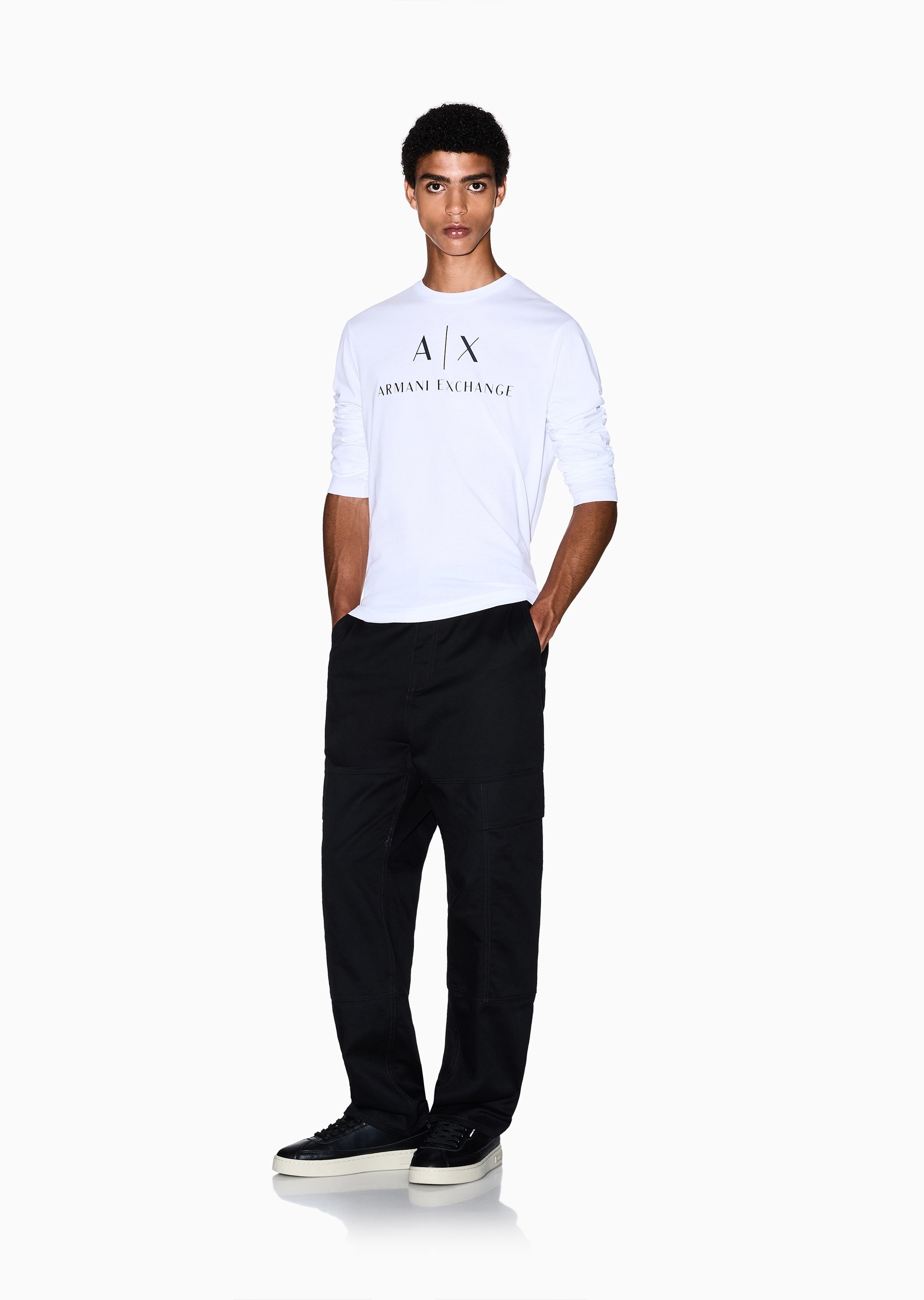ARMANI EXCHANGE 男士纯棉合身长袖圆领正肩LOGO印花T恤