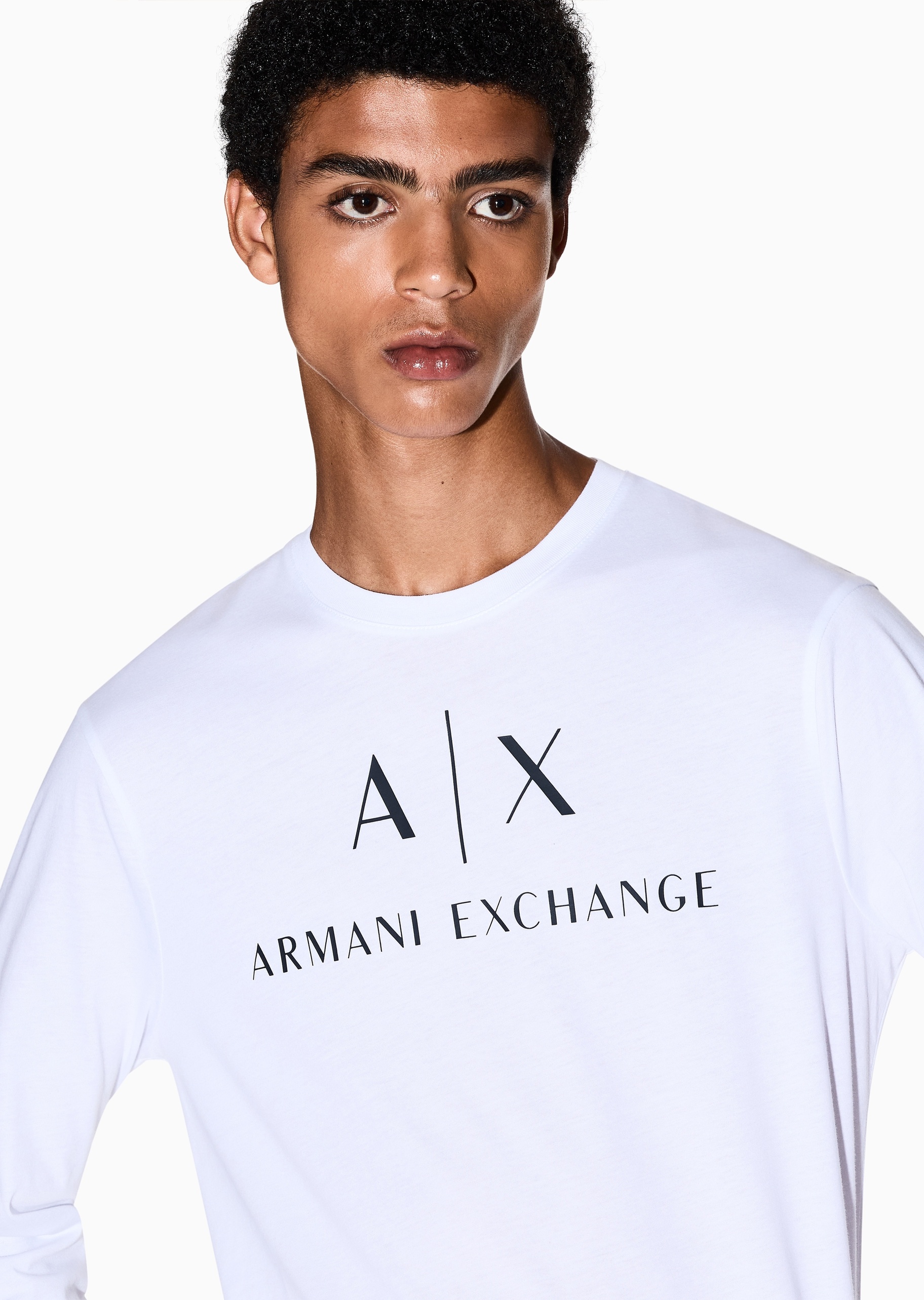 ARMANI EXCHANGE 男士纯棉合身长袖圆领正肩LOGO印花T恤
