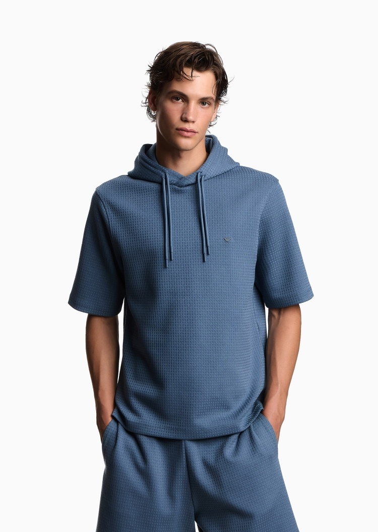 Emporio Armani 男士重磅合身短袖连帽套头通体提花卫衣