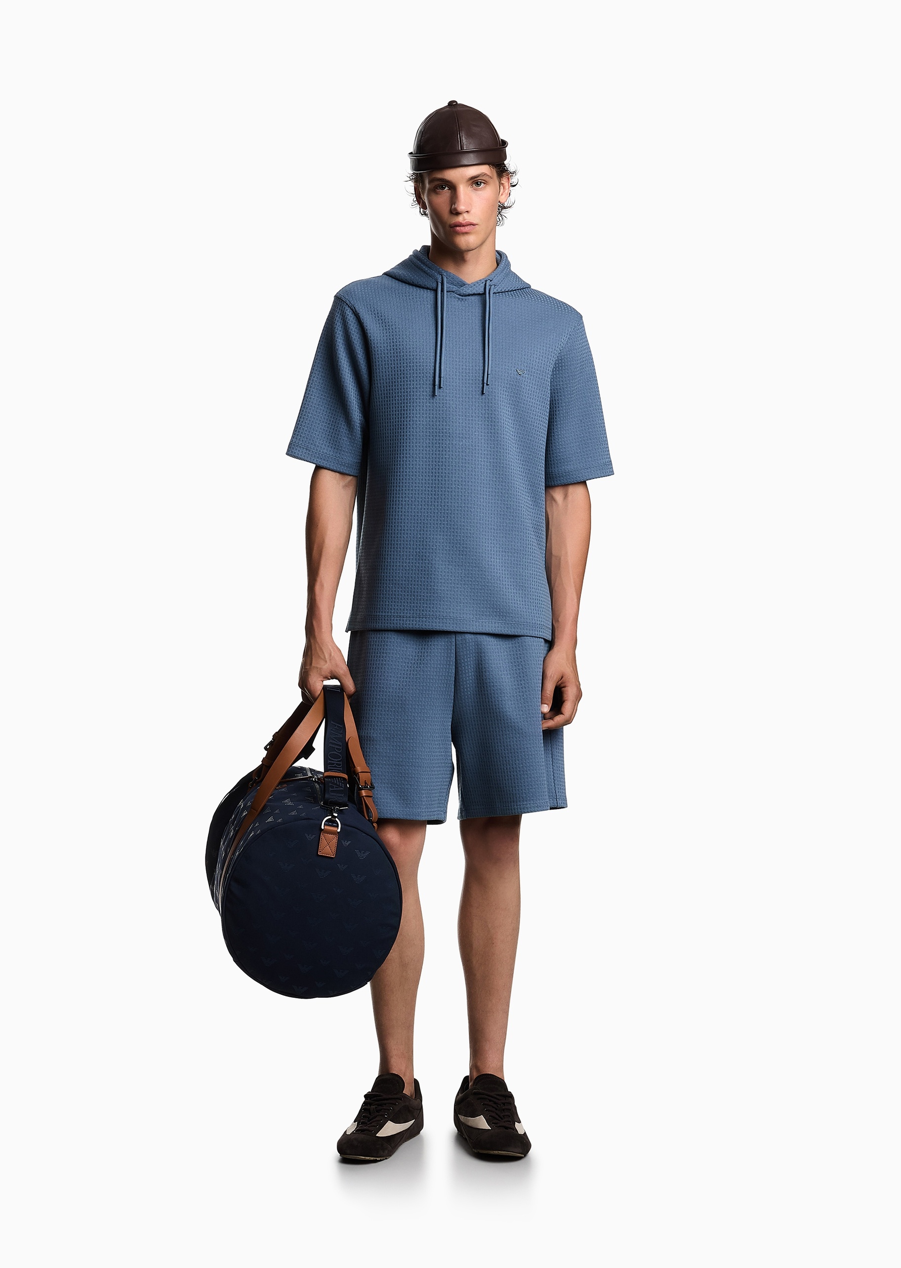 Emporio Armani 男士重磅合身短袖连帽套头通体提花卫衣