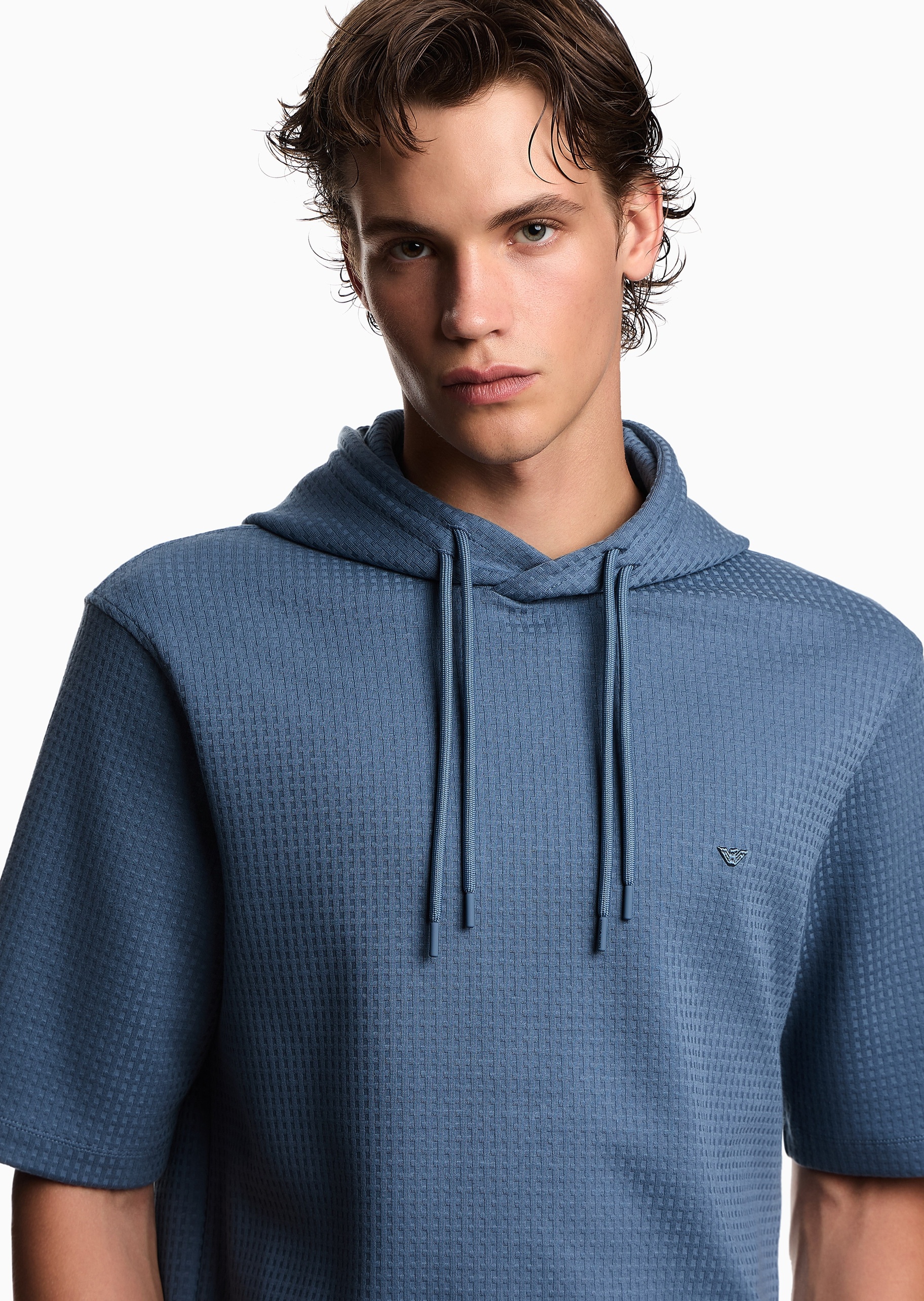 Emporio Armani 男士重磅合身短袖连帽套头通体提花卫衣