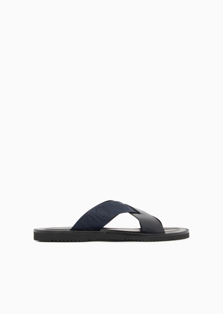 Emporio Armani 男士牛皮革交叉袢带圆头平底织带拖鞋凉鞋