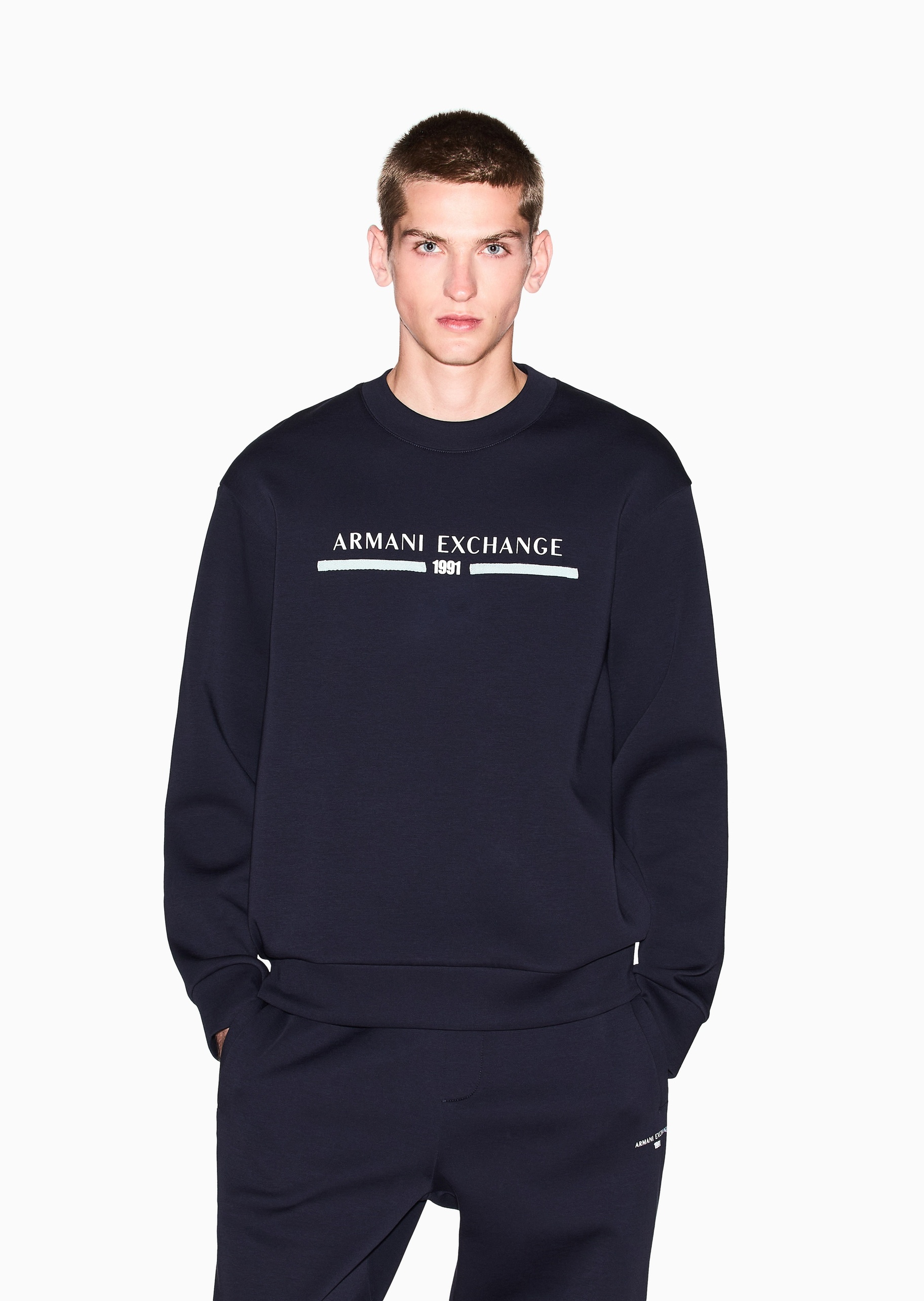 ARMANI EXCHANGE 男士套头宽松运动风重磅情侣圆领卫衣