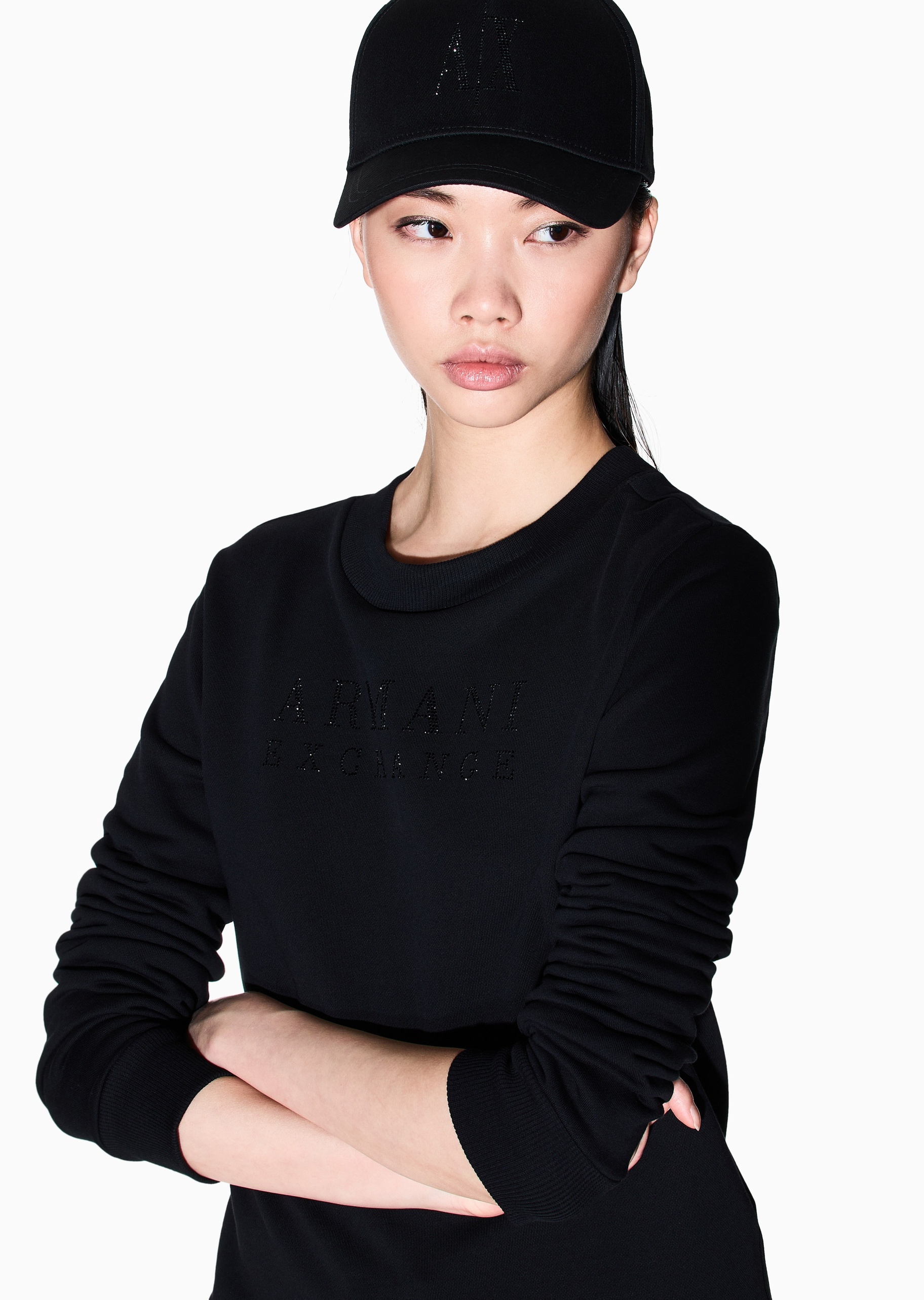 ARMANI EXCHANGE 女士纯棉套头合身水钻运动风圆领卫衣