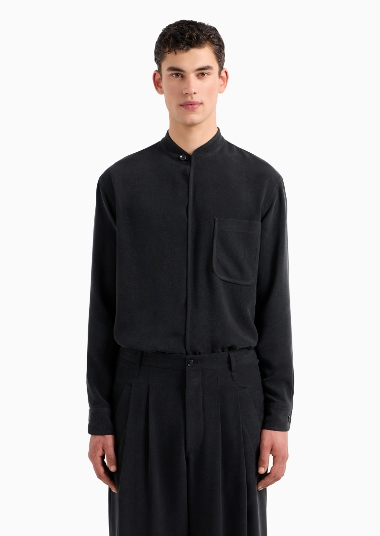 Giorgio Armani 男士全棉合身长袖小立领套头单扣开襟衬衫